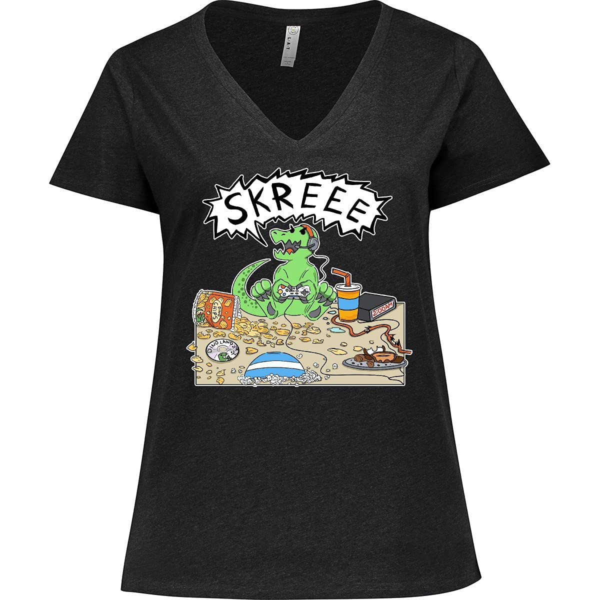 Inktastic Gaming Dinosaur Women's Plus Size V-Neck T-Shirt - Comfortable Casual Tee for Gamers, Dino Lovers & Everyday Wear