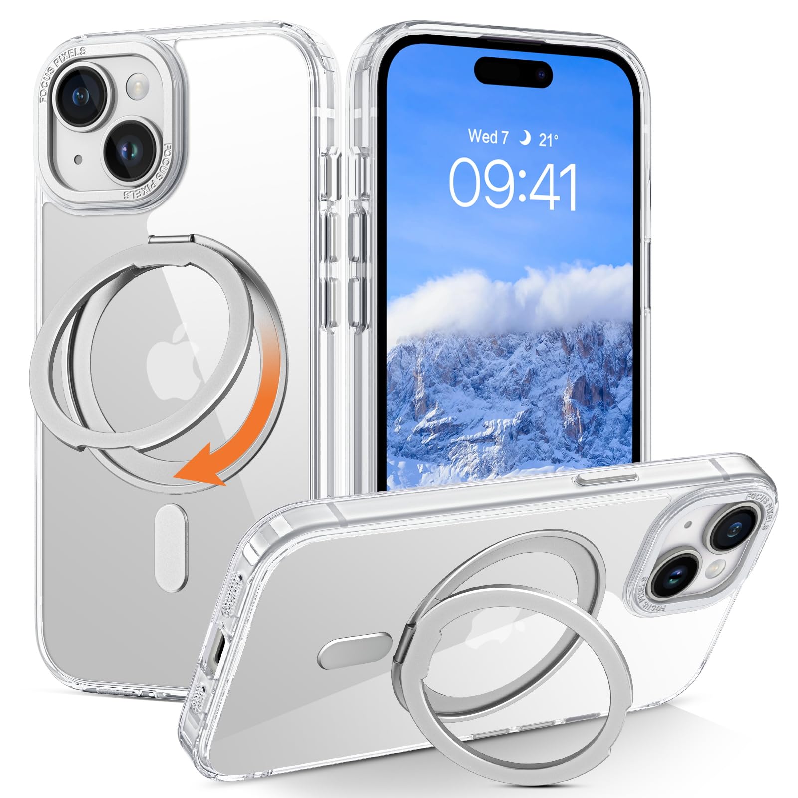 Magnetic iPhone 15 Case with 360° Rotatable Ring Stand - Shockproof Clear Cover for Work & Travel