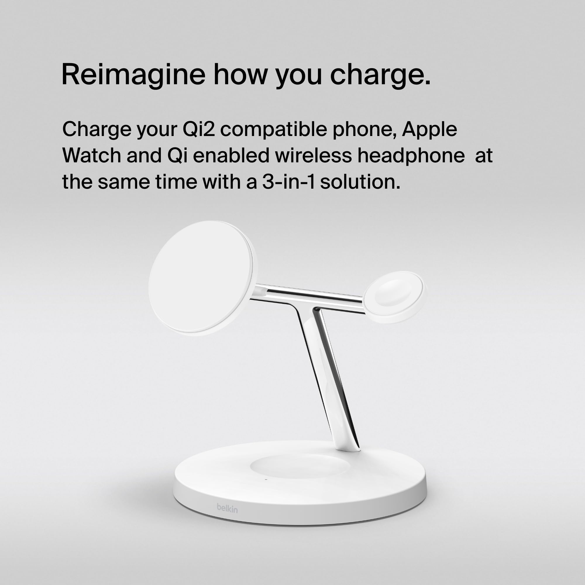 Belkin BoostCharge Pro 3-in-1 Wireless Charger Stand with Qi2 Technology - Fast 15W Charging for iPhone 16/15/14/13/12, Apple Watch & AirPods - Magnetic Alignment - Sleek White Design - Perfect for Home, Office & Travel