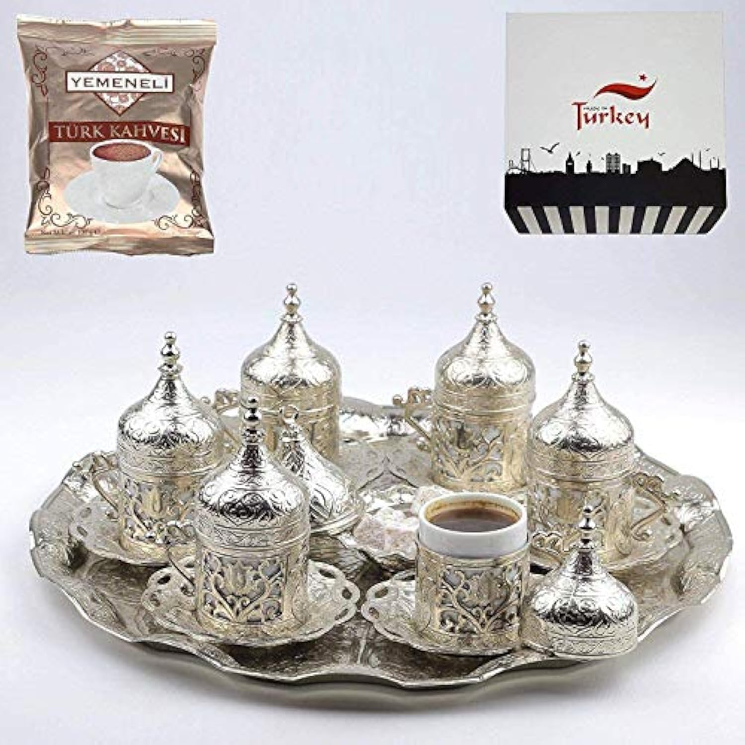 Premium Silver Turkish Coffee Cup Set of 6 - Authentic Ottoman Style Espresso & Arabic Coffee Serving Set with Saucers - Perfect for Home Brewing, Gifts & Traditional Coffee Ceremonies