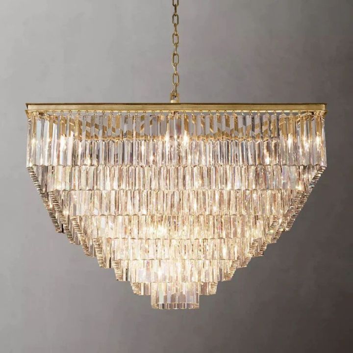 Vintage 1920s Art Deco Square Chandelier - 47 Inch Antique Brass Ceiling Light Fixture for Dining Room, Living Room & Bedroom Decor