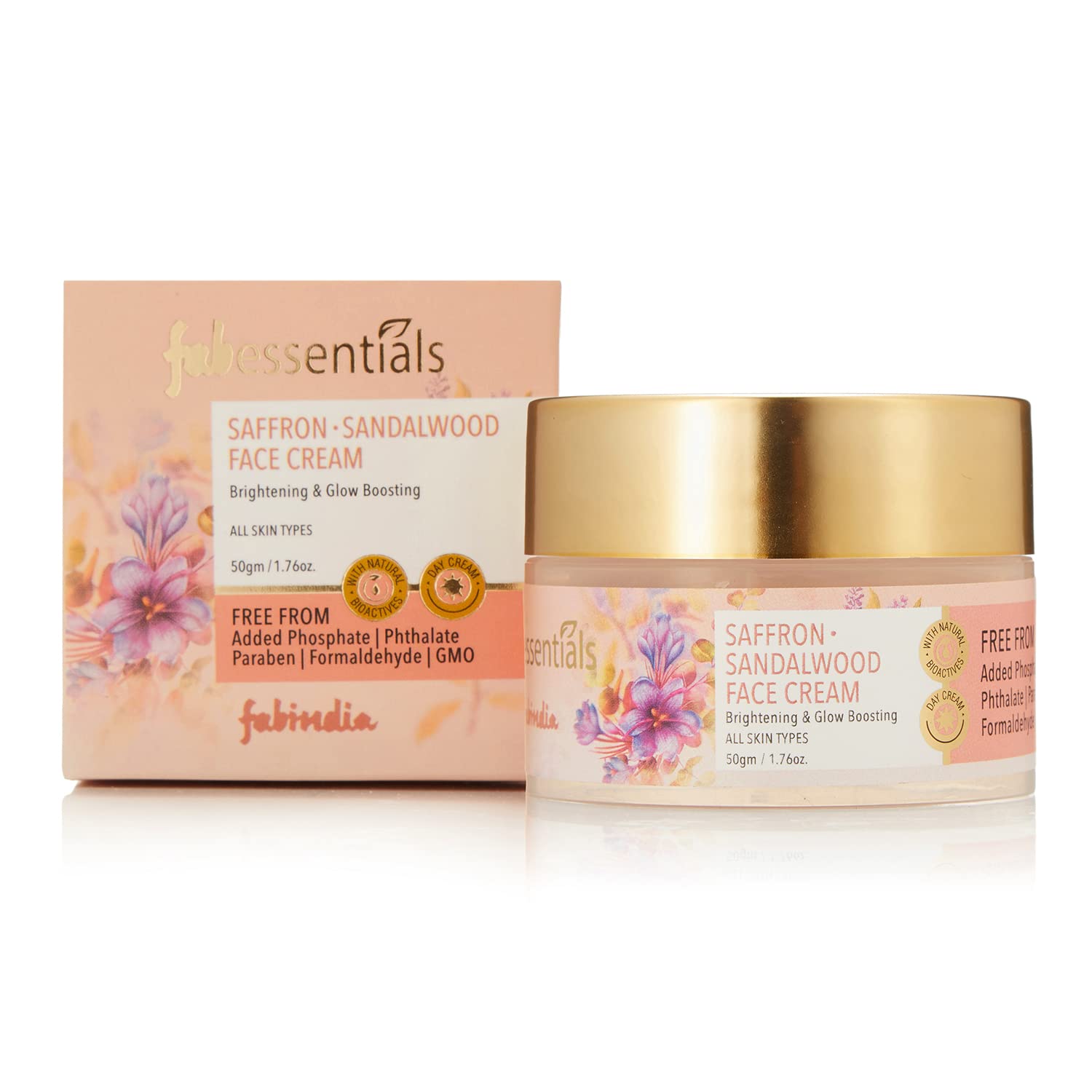 FabEssentials Saffron & Sandalwood Face Cream - Natural Brightening Day Cream for Glowing Skin | Paraben-Free, Sulfate-Free, Vegan Skincare | Hydrating & Anti-Aging Moisturizer for Dry & Dull Skin | Perfect for Daily Use & Nighttime Skincare Routine (50g)