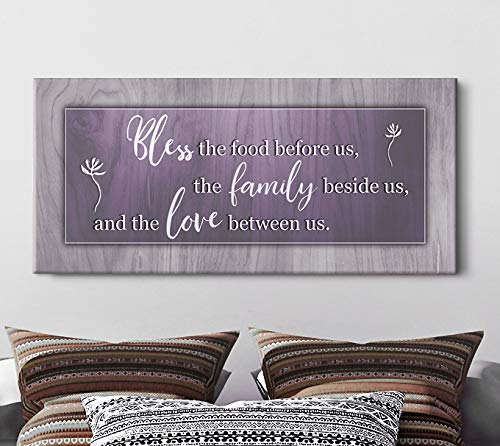 Bless the Food Before Us Framed Wall Art - Purple Kitchen & Dining Room Decor Sign (42x19 Inches) for Farmhouse, Rustic & Christian Home Decor