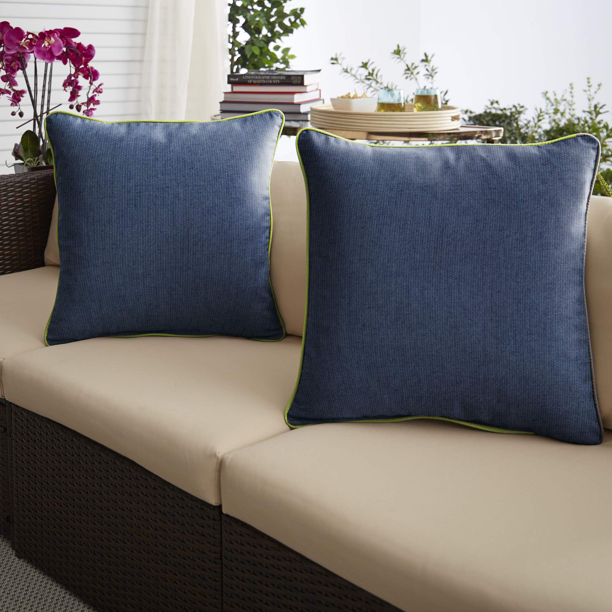 Set of 2 Indigo Blue Outdoor Throw Pillows 18 Inch - Water Resistant Decorative Cushions for Patio Furniture, Porch Swing & Garden Bench (Perfect for Outdoor Living Spaces)