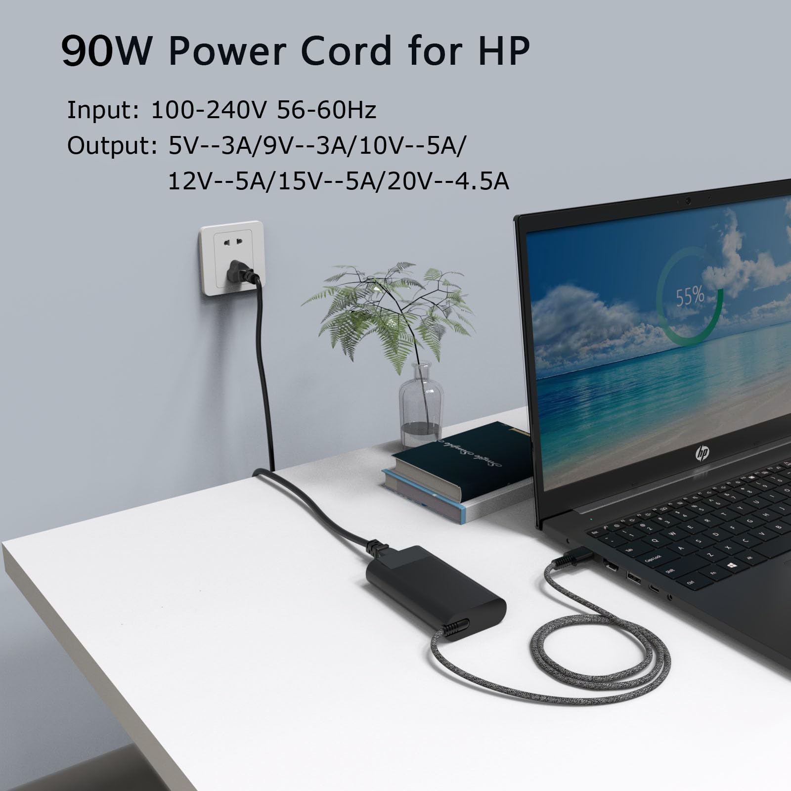 90W USB C Laptop Charger for HP Spectre x360 15-bl000, EliteBook 1040 G4 G5 | Fast Charging Power Adapter | Compatible with 904082-003, 904144-850, TPN-DA08, ADP-90FE | Perfect for Home, Office & Travel Use