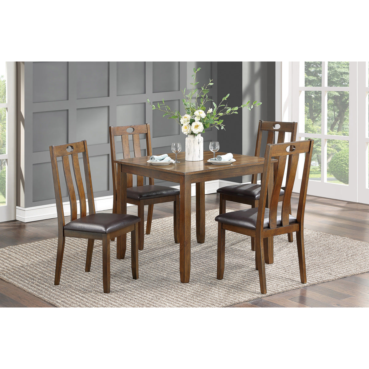 Acacia Wood 5-Piece Dinette Set with Brown Faux Leather Upholstered Chairs - Perfect for Kitchen, Breakfast Nook, Small Dining Room & Apartment Decor
