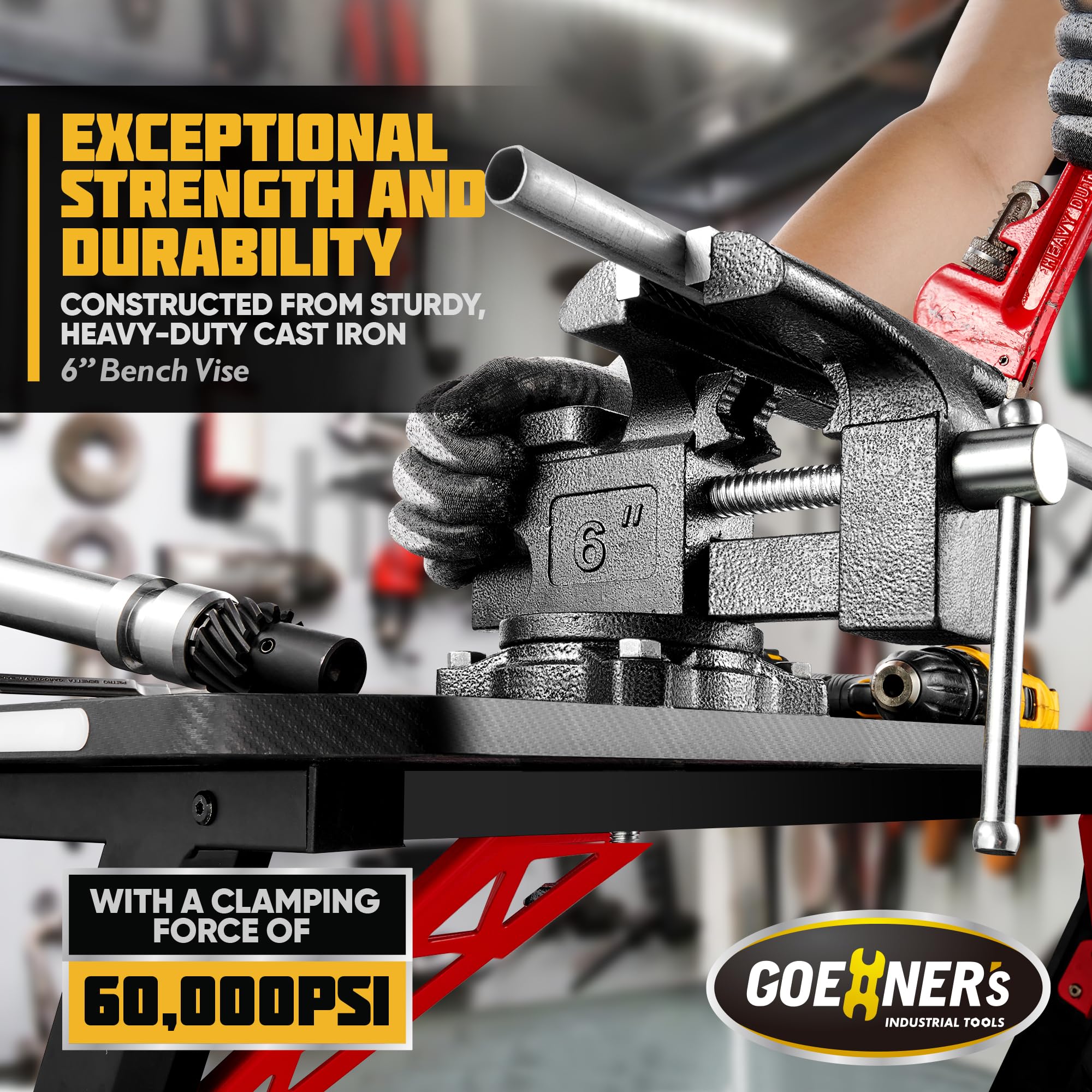 6-Inch Heavy Duty Bench Vise - Forged Steel Workbench Clamp with Swivel Base | Pipe & Table Vise for Woodworking, Metalworking & DIY Projects | Garage, Workshop & Home Repair Tool