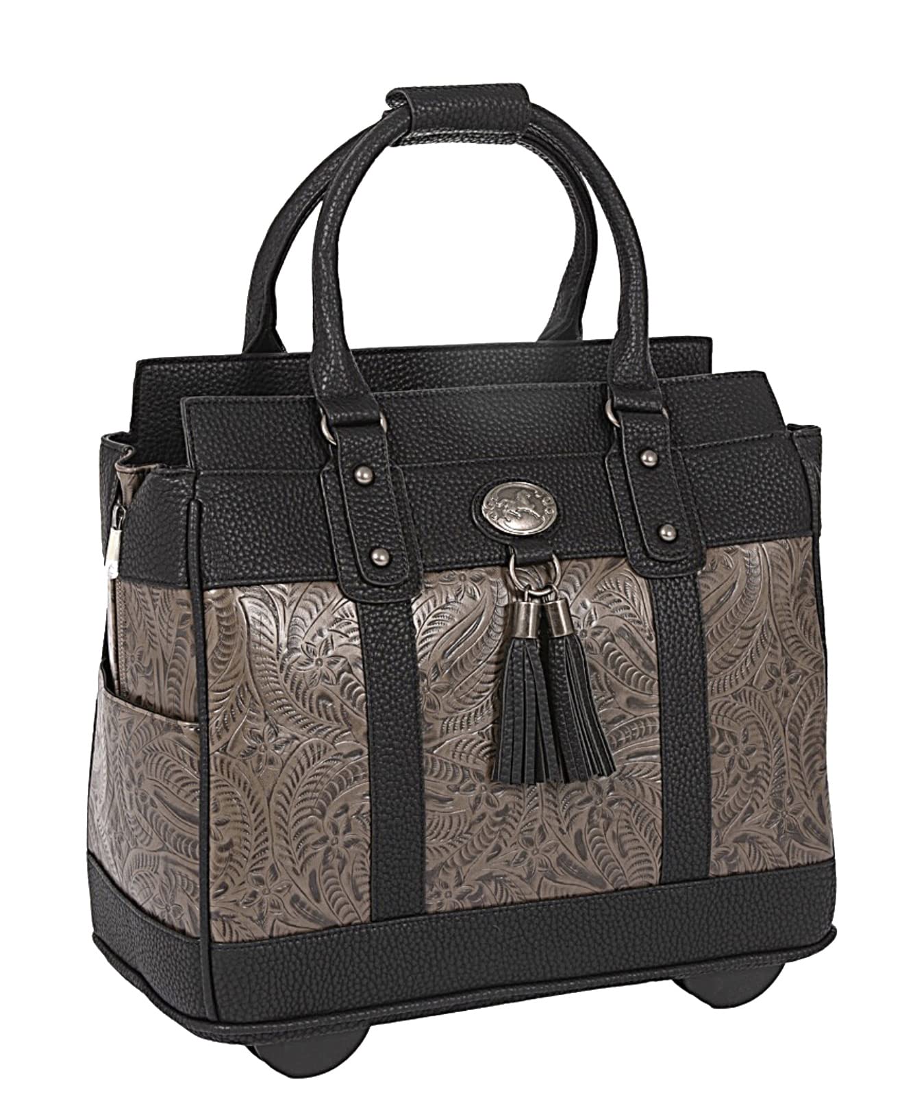 JKM & Company THE DALLAS Black & Grey Tooled Leather Rolling Tote Bag for iPad, Tablet, or Laptop - Perfect for Business Travel, Office Commute, and Work Accessories Storage