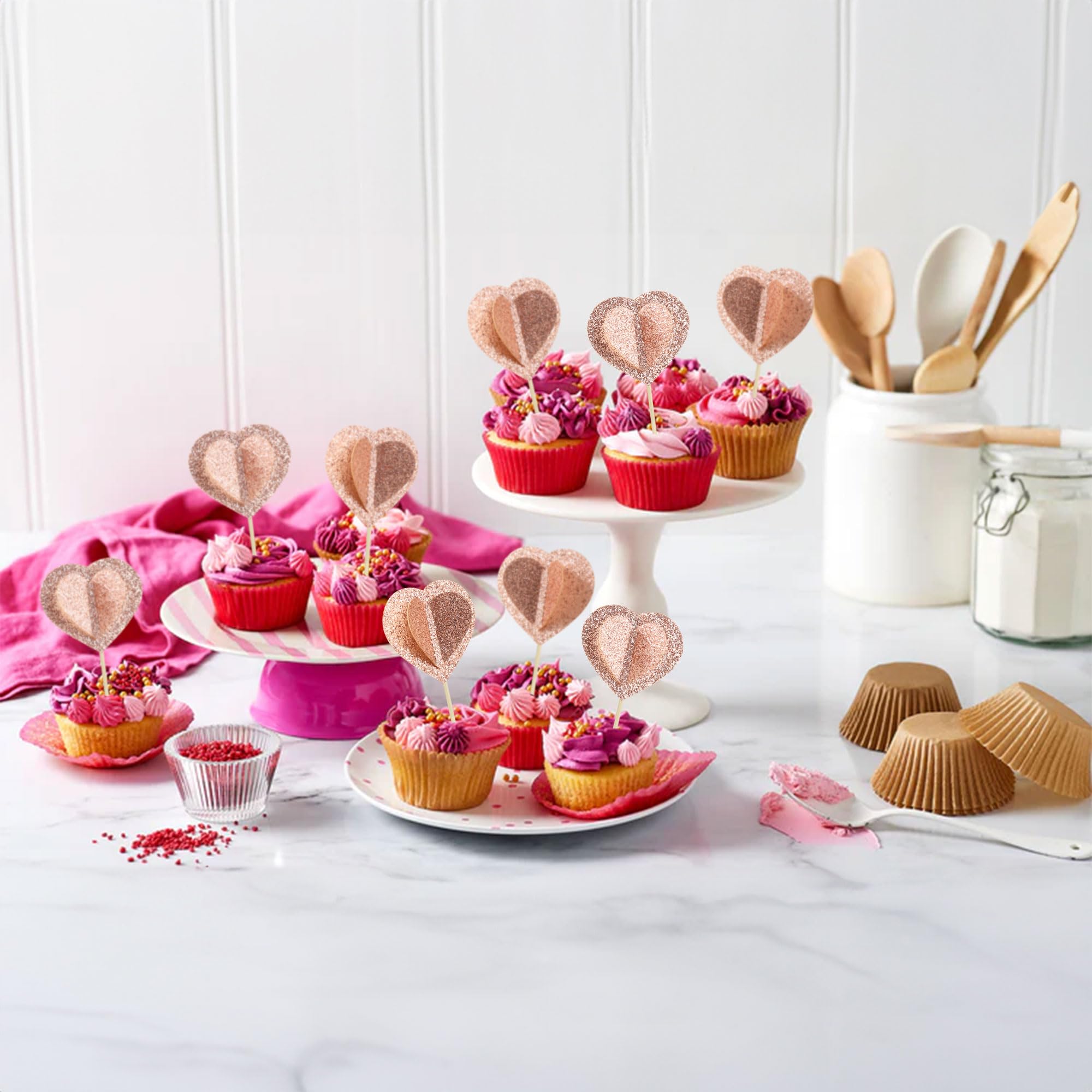 24Pcs Rose Gold Glitter 3D Heart Cupcake Toppers - Double Layer Valentine's Day Cake Decorations for Wedding, Engagement, Bridal Shower & Birthday Parties - Perfect for Romantic Celebrations and Sweet Treat Displays