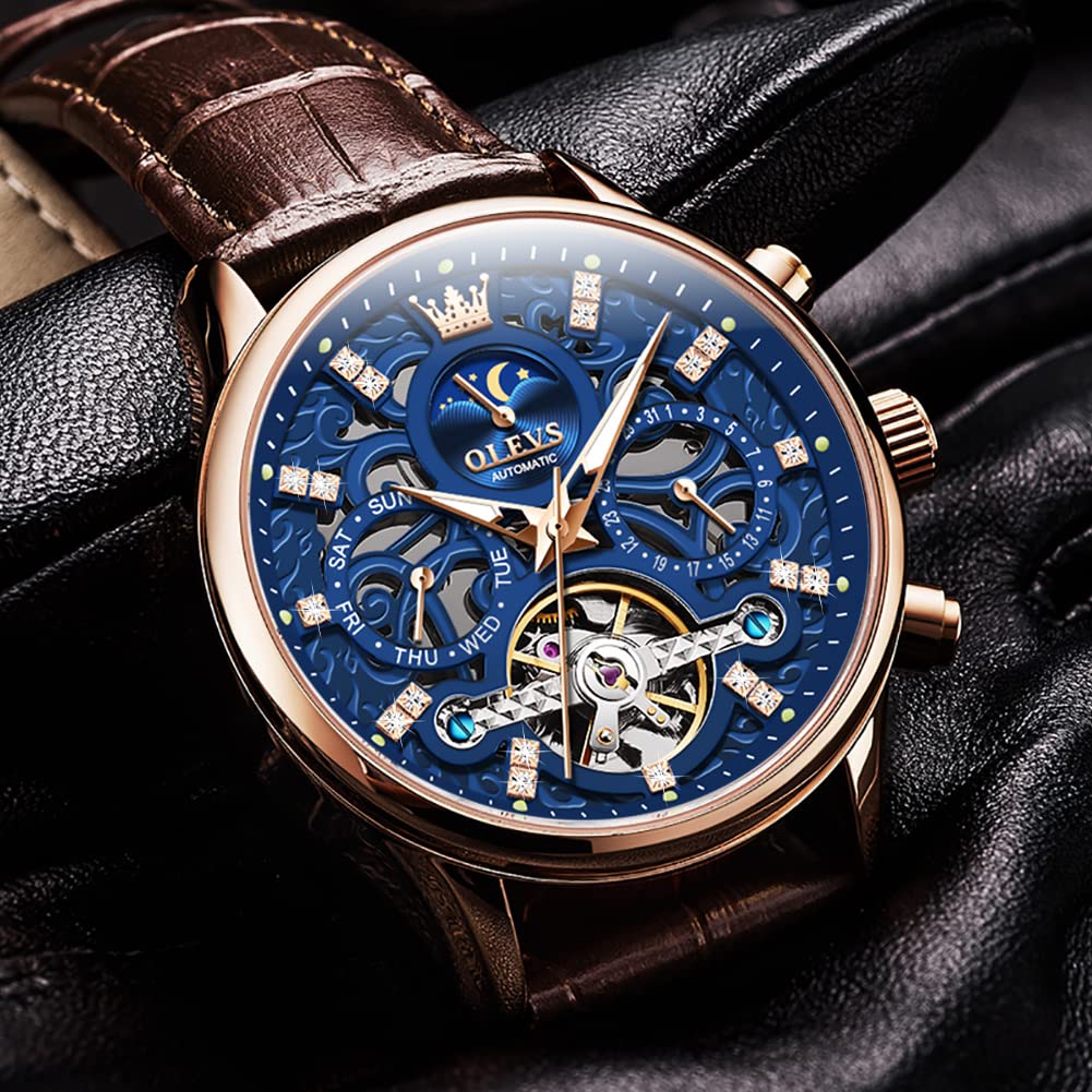 OLEVS Men's Automatic Skeleton Watch - Mechanical Dress & Casual Watch with Moon Phase, Luminous Hands, Waterproof - Brown/Black Leather Strap - Perfect for Business, Dating & Formal Occasions