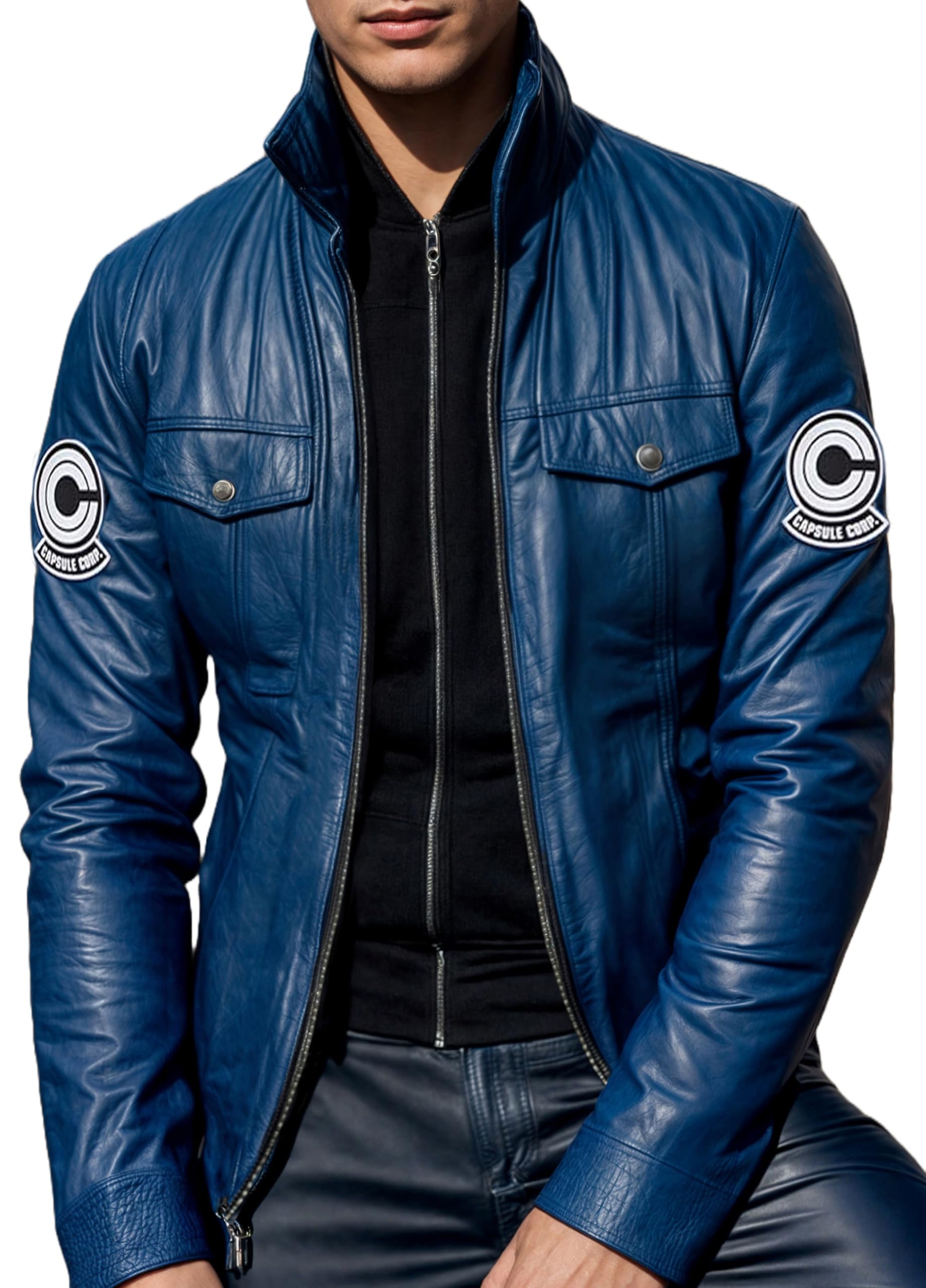 Men's Dragon Ball Z Trunks Cosplay Jacket - Capsule Corp Blue Leather Biker Motorcycle Rider Costume | Anime Convention Outfit & Halloween Cosplay Costume