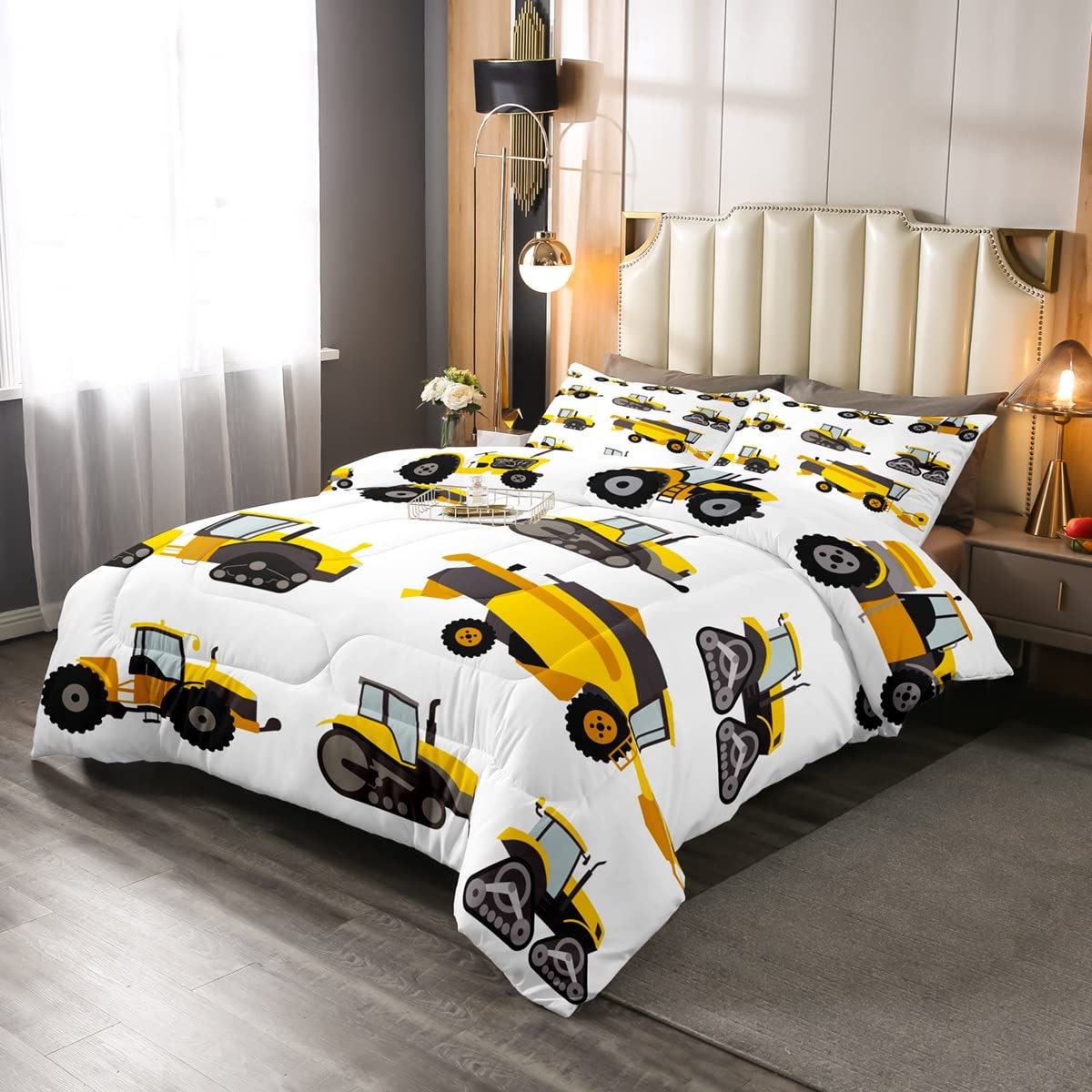 Erosebridal Kids Tractor Truck Comforter Set - Queen Size Cartoon Car Bedding with 2 Pillowcases, Yellow & Gray Construction Vehicle Theme | Perfect for Boys' Room Decor & Construction-Themed Bedrooms