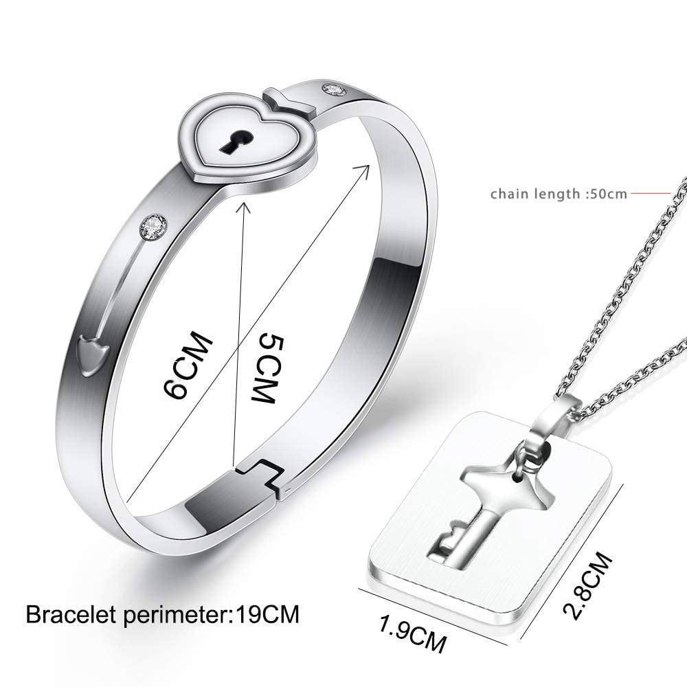 His and Her Matching Love Heart Key Lock Bangle Bracelet & Necklace Set - Romantic Couple Jewelry for Women & Men | Anniversary, Valentine's Day Gift Idea for Boyfriend & Girlfriend