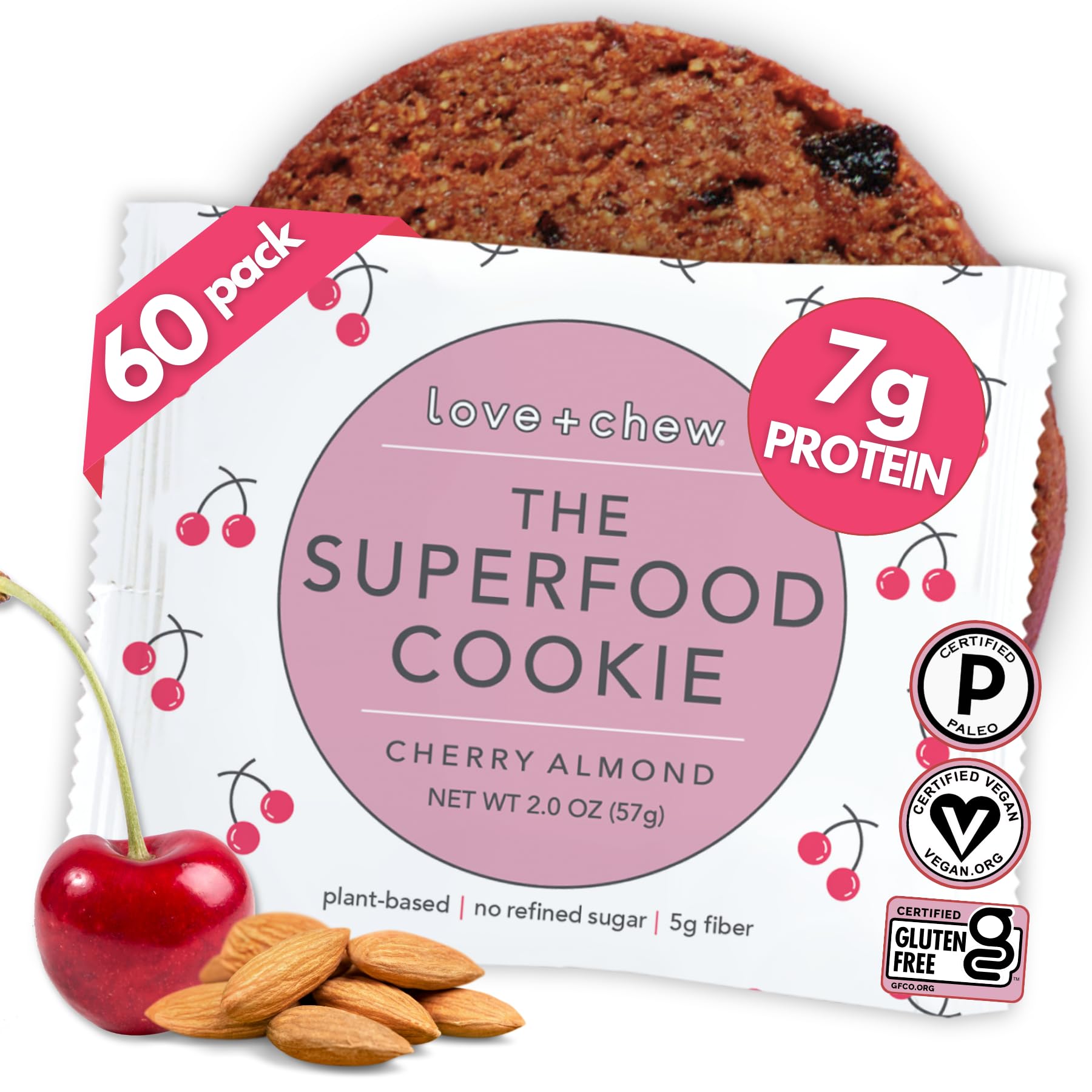 Love + Chew Tasty Gluten-Free Vegan Cookies - Bulk Box (60 Count) - Cherry Almond Flavor, Paleo & Non-GMO Healthy Snacks - Individually Wrapped Soft-Baked High Protein Almond Cookies (2oz Each) - Perfect for School Lunches, Office Snacks & On-the-Go Energy Boosts