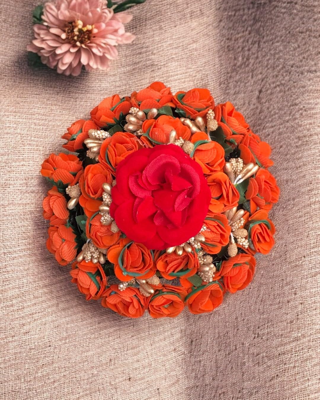 Gadinfashion™ Bridal Hair Juda/Gajra Hair Accessories for Women & Girls - Orange & Red Floral Hair Jewelry - Perfect for Weddings, Parties & Indian Traditional Events