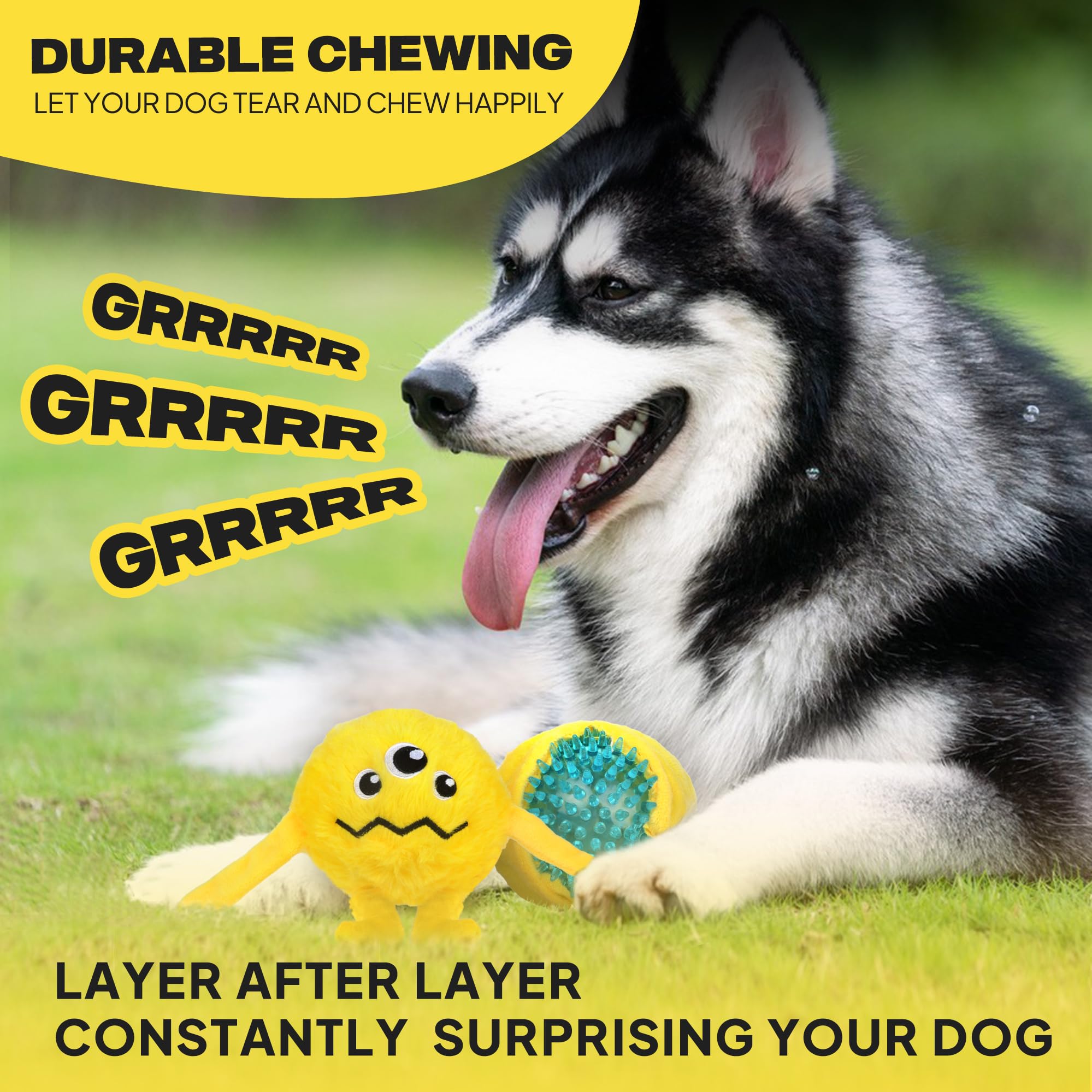 **Fida Durable 3-in-1 Dog Chew Toys for Aggressive Chewers – Squeaky, Interactive Dog Toys for Large, Medium & Small Dogs – Tough Chew Ball for Playtime, Training & Mental Stimulation (Large, Yellow)**