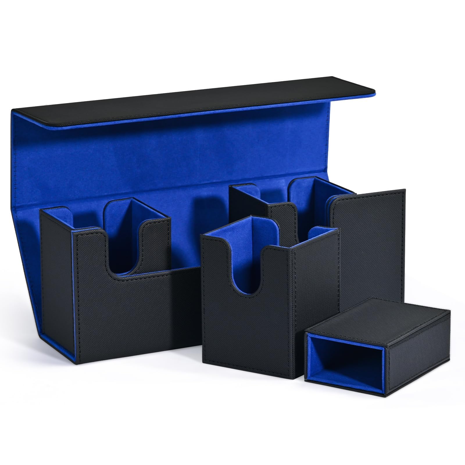 4-in-1 Magnetic Card Storage Box with Dice Tray - Holds 300+ Trading Cards | Deck Case Organizer for MTG, Pokemon & Yu-Gi-Oh (Black+Blue) | Perfect for Game Nights & Card Collection Storage