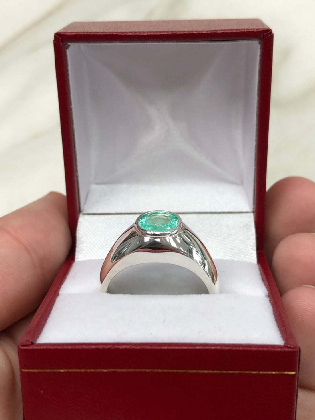 1.85 Carat Genuine Emerald Men's Solitaire Oval Signet Ring in Sterling Silver Bezel Setting - Perfect for Weddings, Engagements & Special Occasions