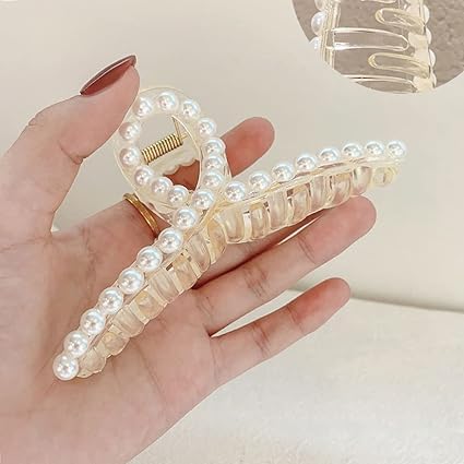 RUBELA Korean Fashion Large Pearl Hair Claw Clips for Women & Girls - Long Hair Jaw Clutch Hair Accessories (White) | Perfect for Parties, Weddings & Everyday Style