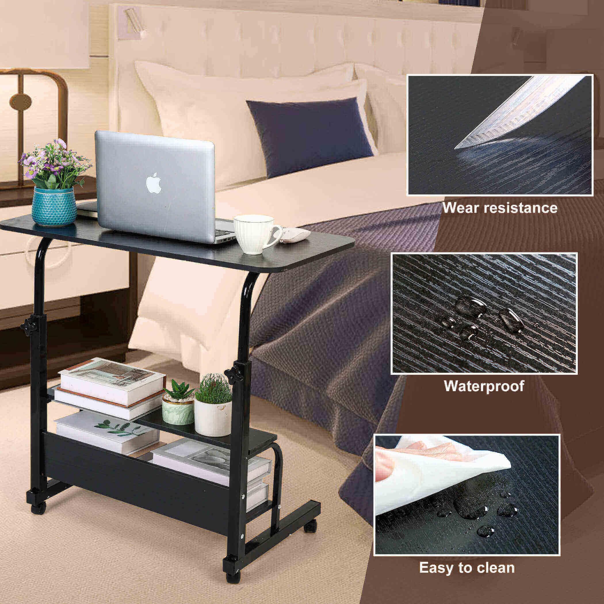 Adjustable Height Mobile Computer Desk with Wheels - 31.5x15.7 Inch Rolling Workstation for Small Spaces, Home Office, Bedroom & Gaming - Portable Black Desk with Storage (Perfect for Remote Work, Online Classes & Compact Living Spaces)