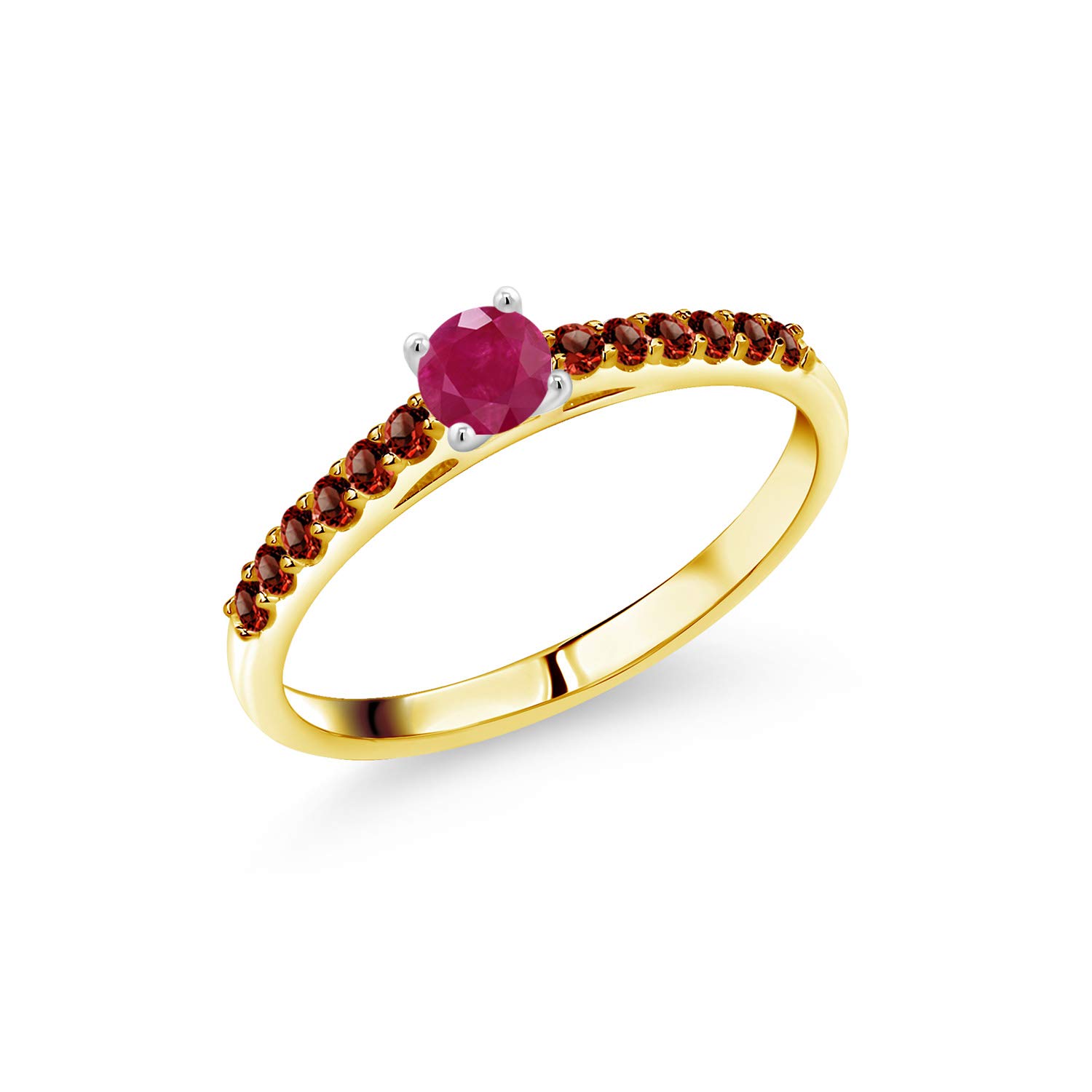 0.49 Ct Natural Round Red Ruby & Garnet 10K Yellow Gold Ring with White Gold Prongs - Elegant Jewelry Gift for Women, Anniversary, Engagement, Valentine's Day