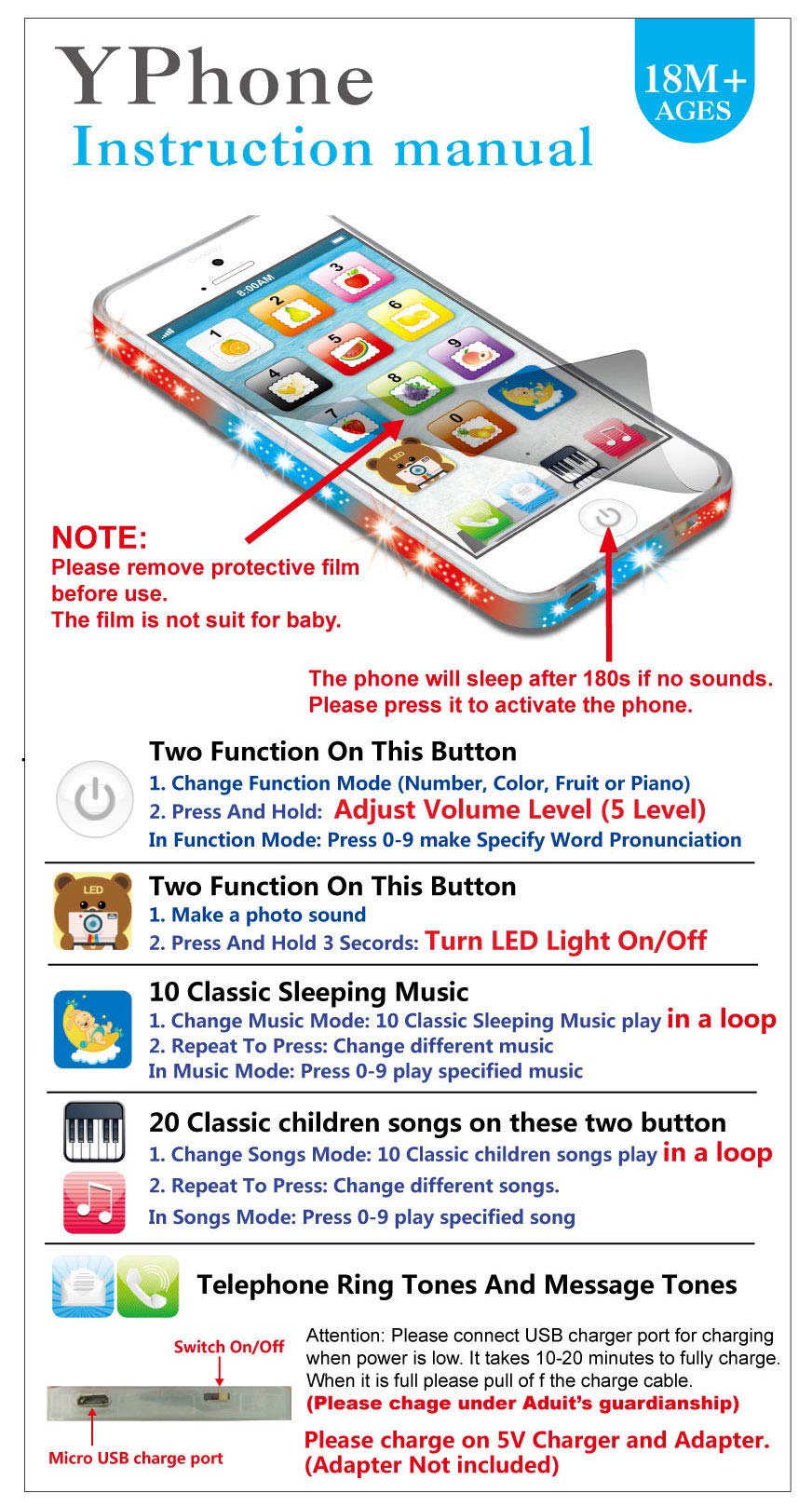 1 Pc Kids Learning Toy Play Cell Phone with USB Rechargeable - Educational Pretend Phone for Toddlers, Perfect for Role Play & Early Learning at Home or School