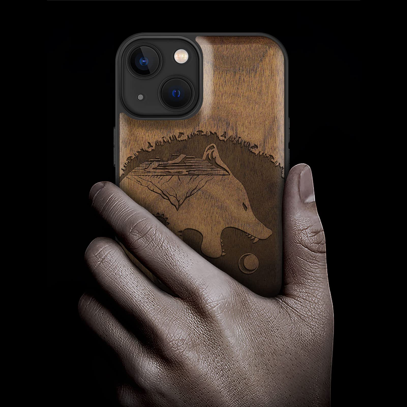 Carveit Magnetic Wooden Case for iPhone 13 - Natural Walnut Wood & Black TPU Shockproof Protective Cover - MagSafe Compatible - Wolf Tai Chi Design - Perfect for Outdoor Adventures & Business Meetings