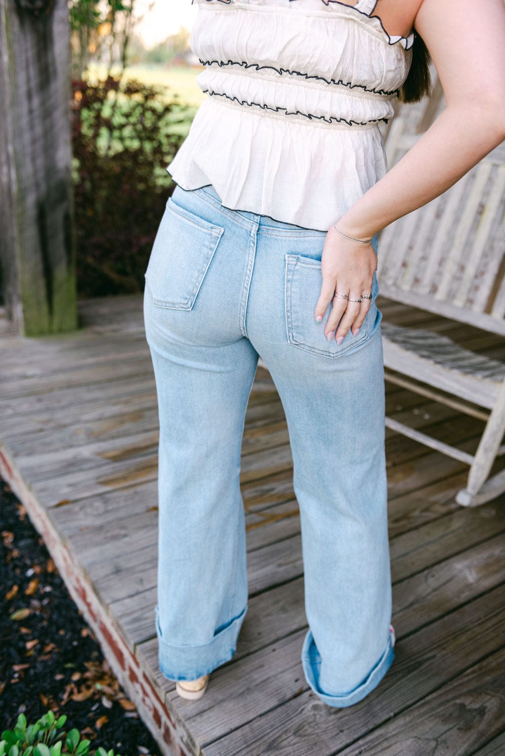 Light Wash Wide Leg Cuffed Jeans for Women - High Waist Distressed Denim Pants with Stretch - Casual & Streetwear Style for Everyday Wear