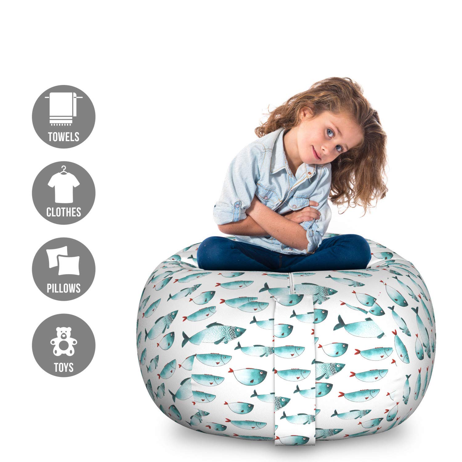 Ambesonne Koi Fish Storage Toy Bag Chair - Japanese Koi Fish Patterns Underwater Theme Organizer, Washable Large Teal Stuffed Animal Storage | Perfect for Kids' Room, Nursery & Playroom Organization