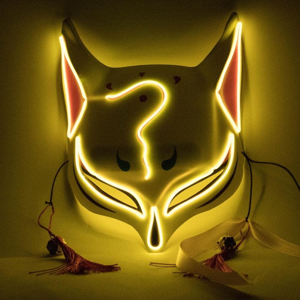 YQkoop LED Light Up Halloween Mask - Japanese Anime Cosplay Mask for Halloween Party, Festival & Cosplay Events - Glowing White Mask for Nighttime Costumes & Themed Parties