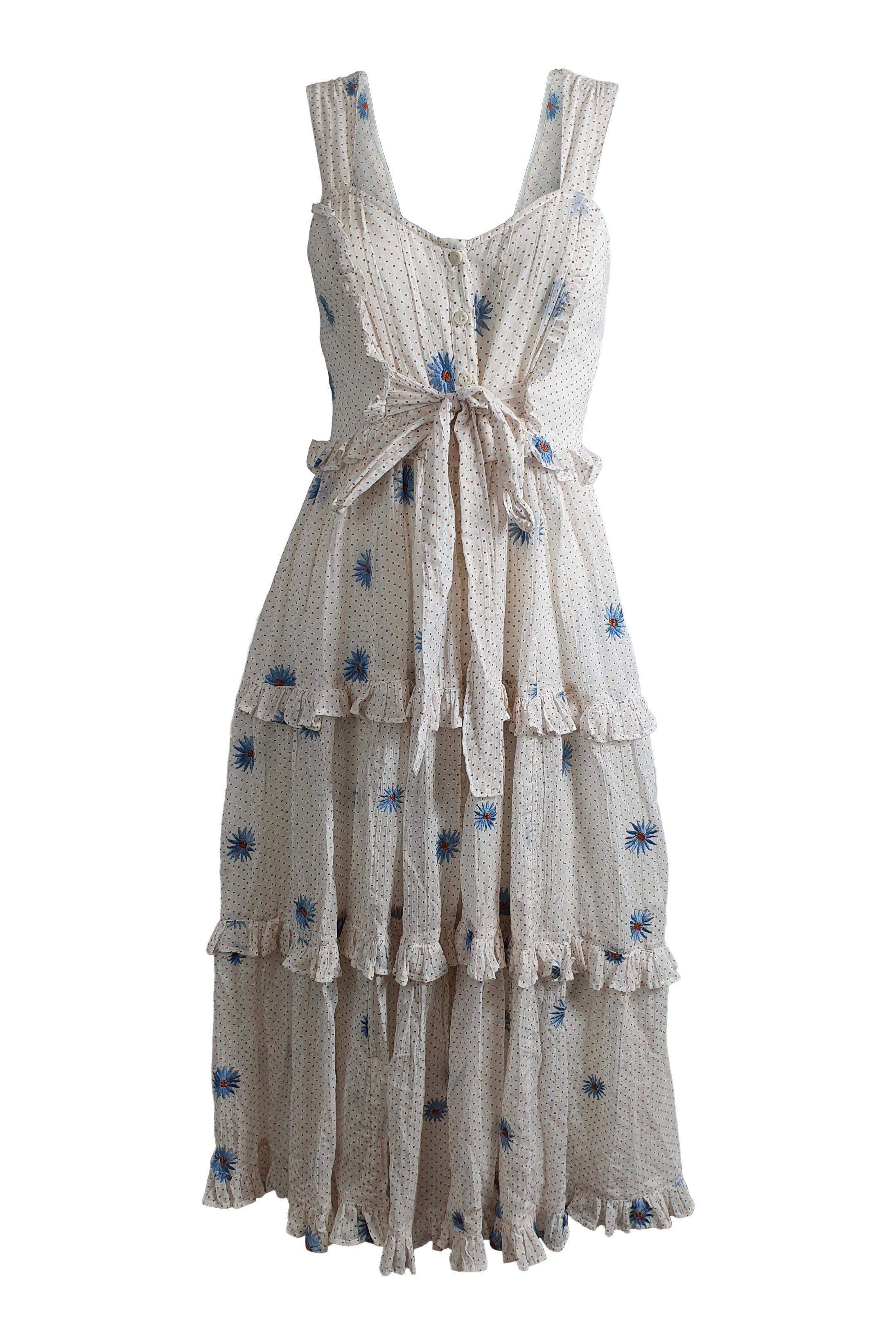 FREE PEOPLE White Polka Dot Floral Boho Daisy Chain Midi Dress for Women - XS Size, Perfect for Summer Beach Vacations, Music Festivals & Boho Chic Outfits