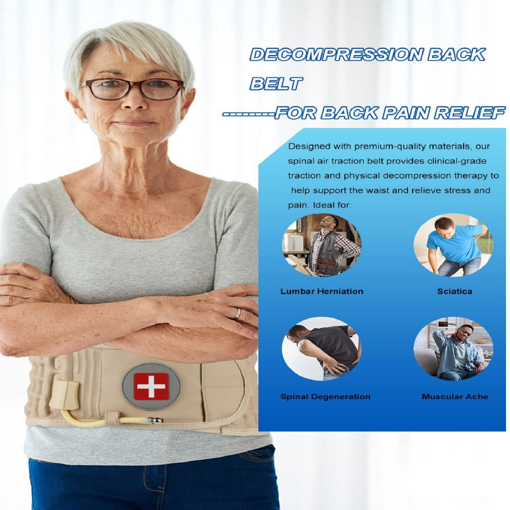 Inflatable Lumbar Support Belt for Back Pain Relief - Adjustable Back Decompression Belt (Fits Waist 29-49