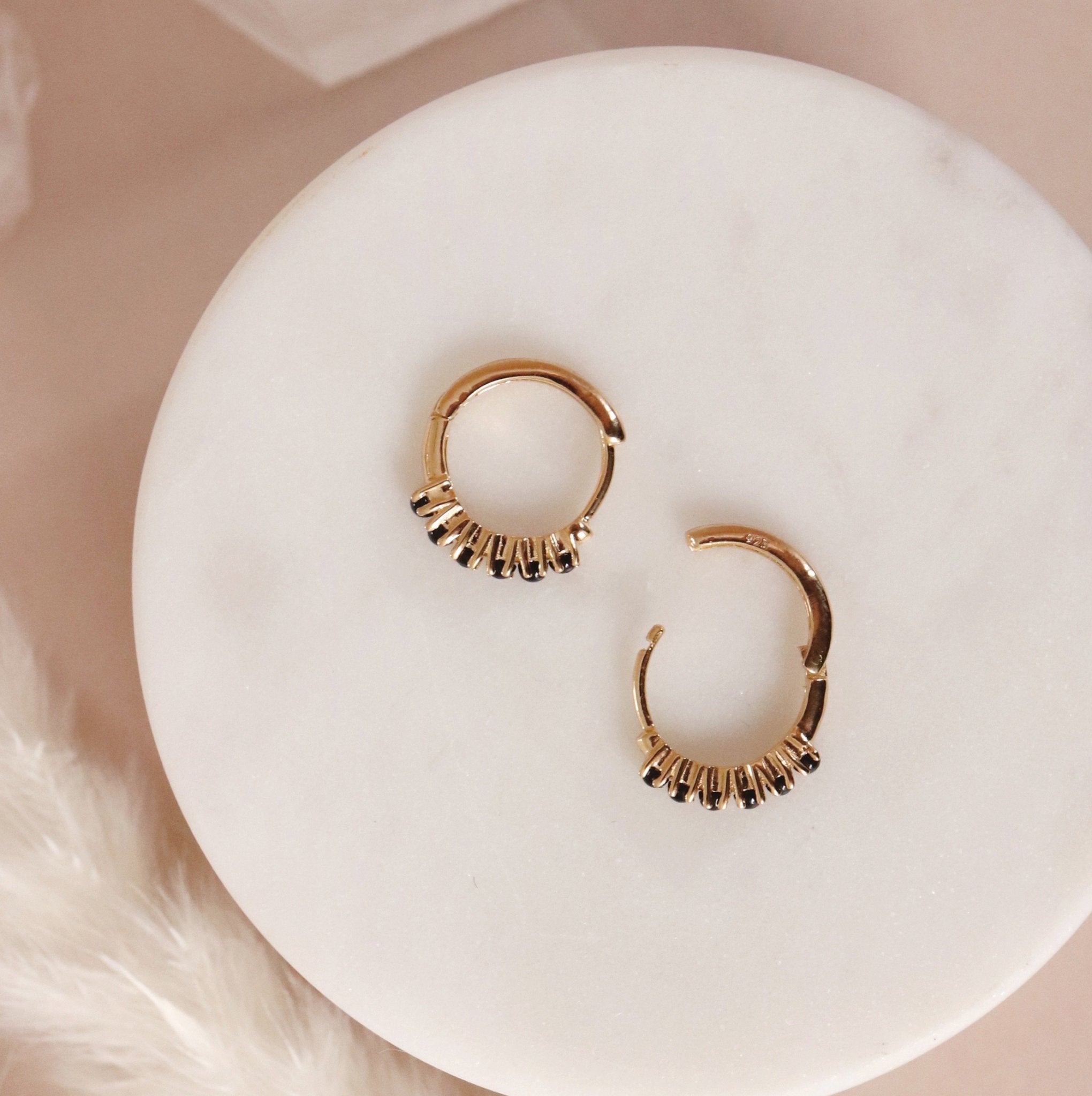 GLEE HUGGIE HOOPS Earrings - Black Onyx & Gold Plated Hoop Earrings for Women | Perfect for Everyday Wear, Parties & Special Occasions