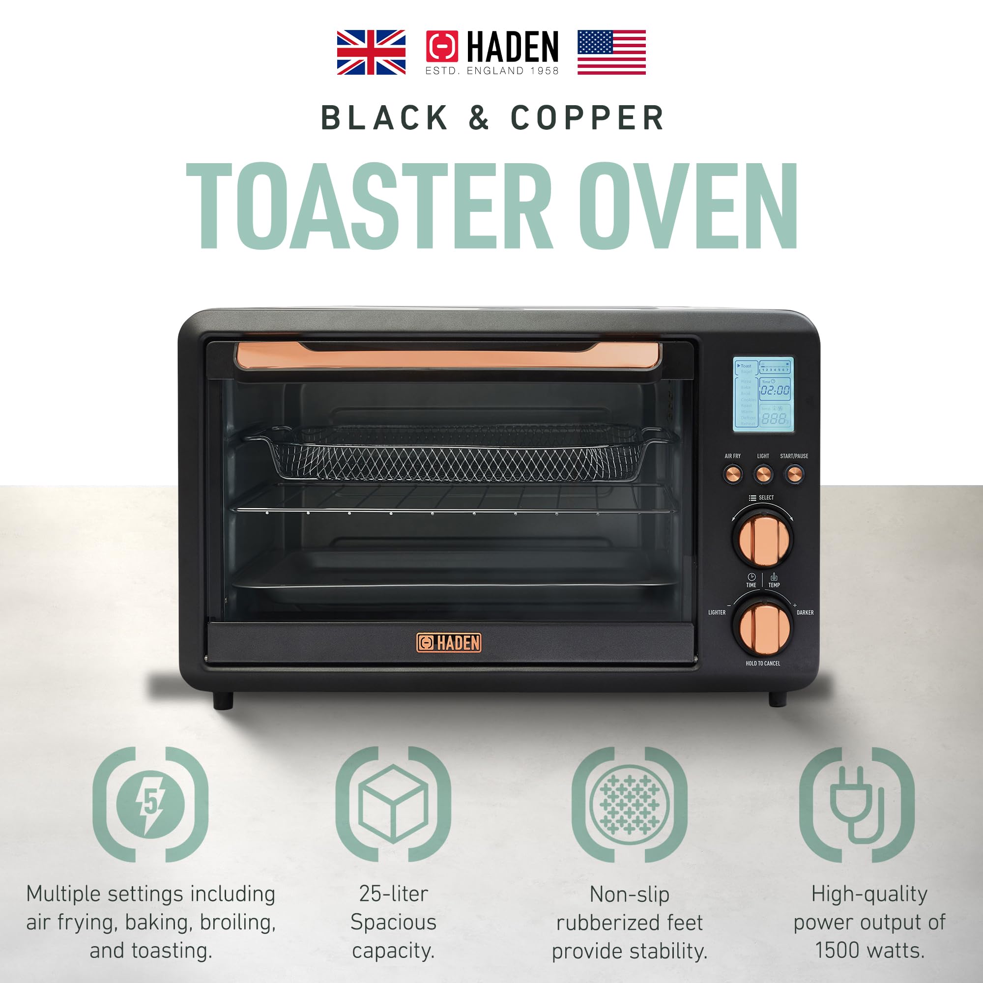 Haden 6-Slice Toaster Oven with Air Fryer Combo - Black/Copper Countertop Appliance for Kitchen | Perfect for Baking, Toasting & Air Frying at Home