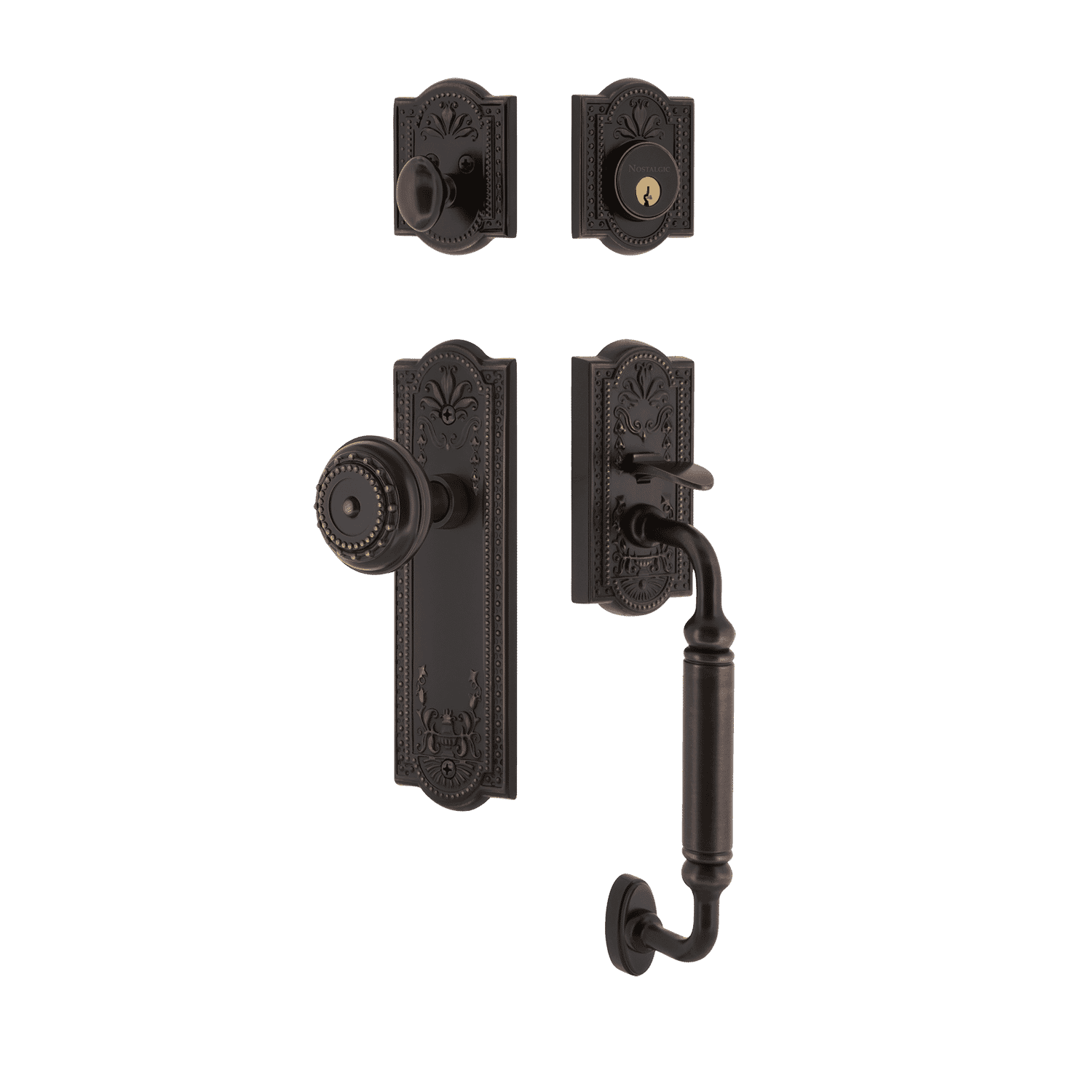 Meadows Handleset with C Grip & Long Plate in Timeless Bronze - Vintage Style Door Knob for Home, Office & Commercial Spaces