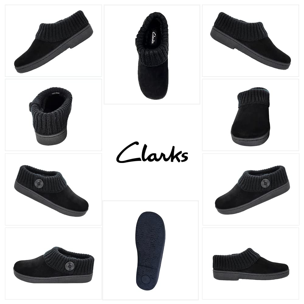 Clarks Women's Suede Leather Comfort Clog Knitted Collar Slippers with Plush Faux Fur Trim - Indoor & Outdoor House Shoes for Women - Black/Black Size 9M - Perfect for Home, Office, and Casual Wear