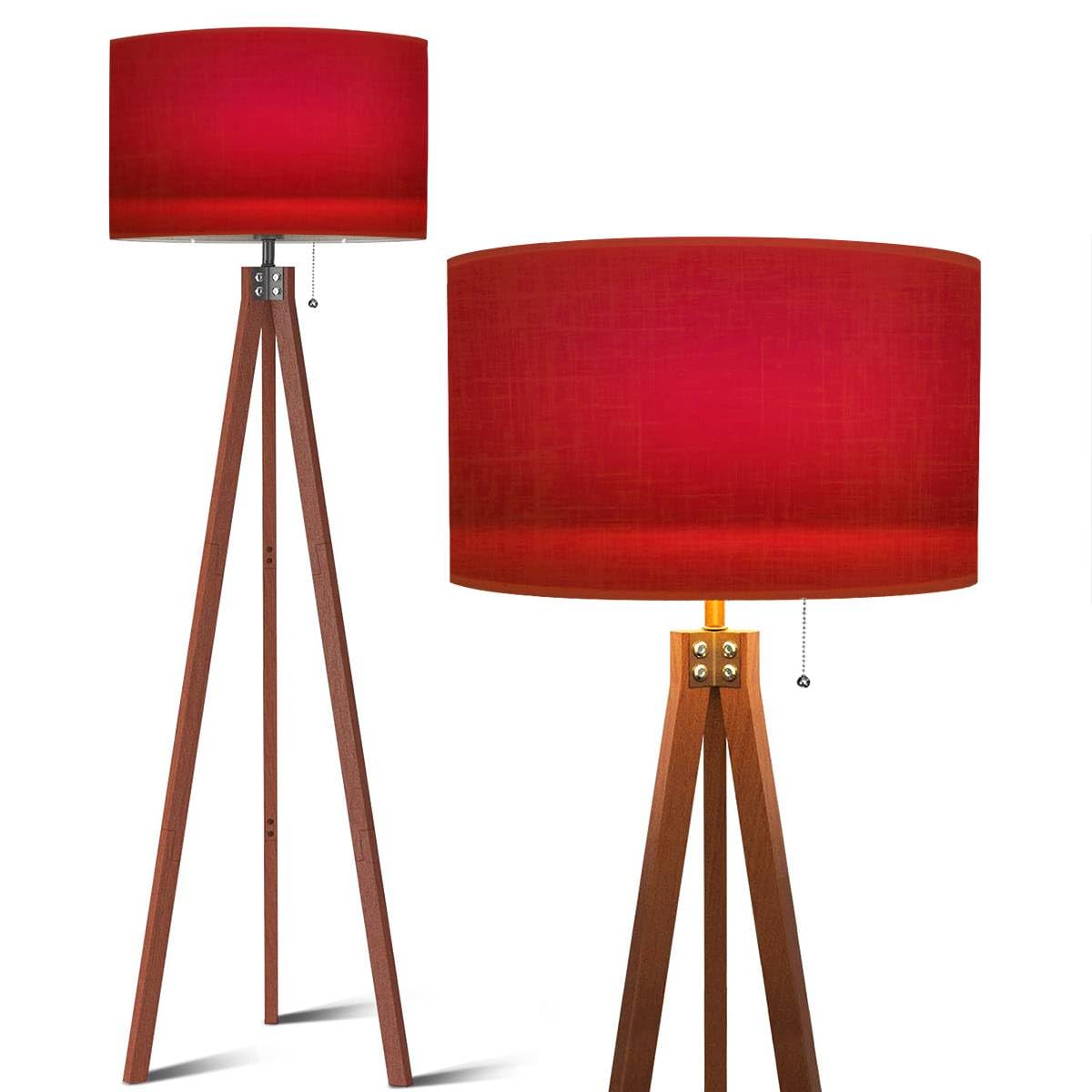 Modern Red Wood Tripod Floor Lamp with Linen Lampshade - Dimmable Tall Standing Light for Living Room, Bedroom, Office | Mid-Century Style Home Decor Lighting for Reading Nook, Lounge & Workspace
