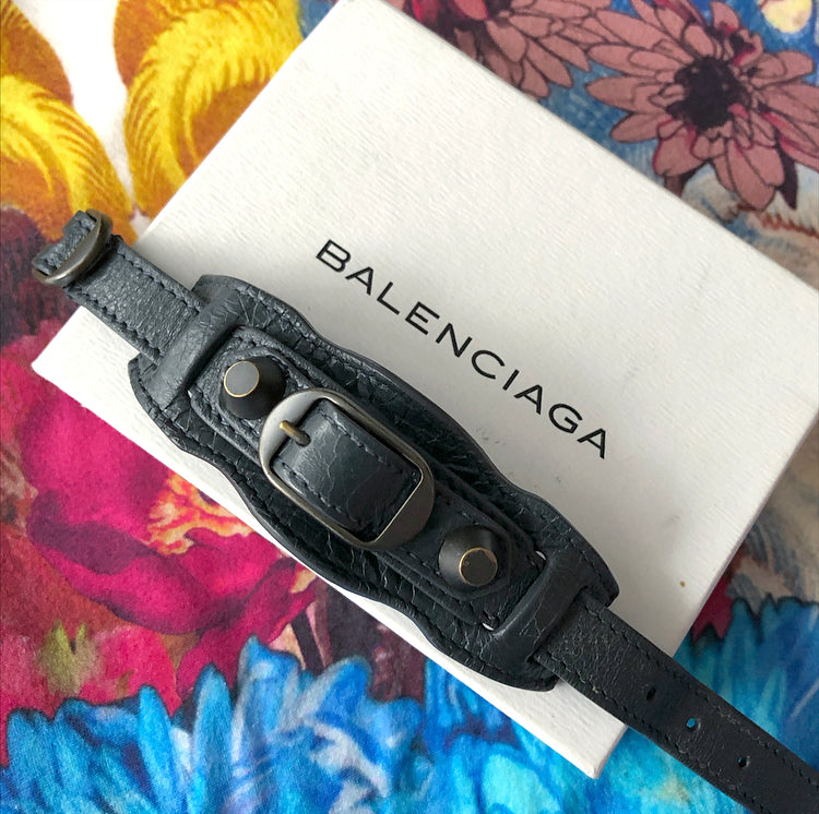 Balenciaga Dark Charcoal Grey Leather Cuff Bracelet for Men & Women | Luxury Designer Bangle | Fashion Accessory for Parties, Weddings & Everyday Wear