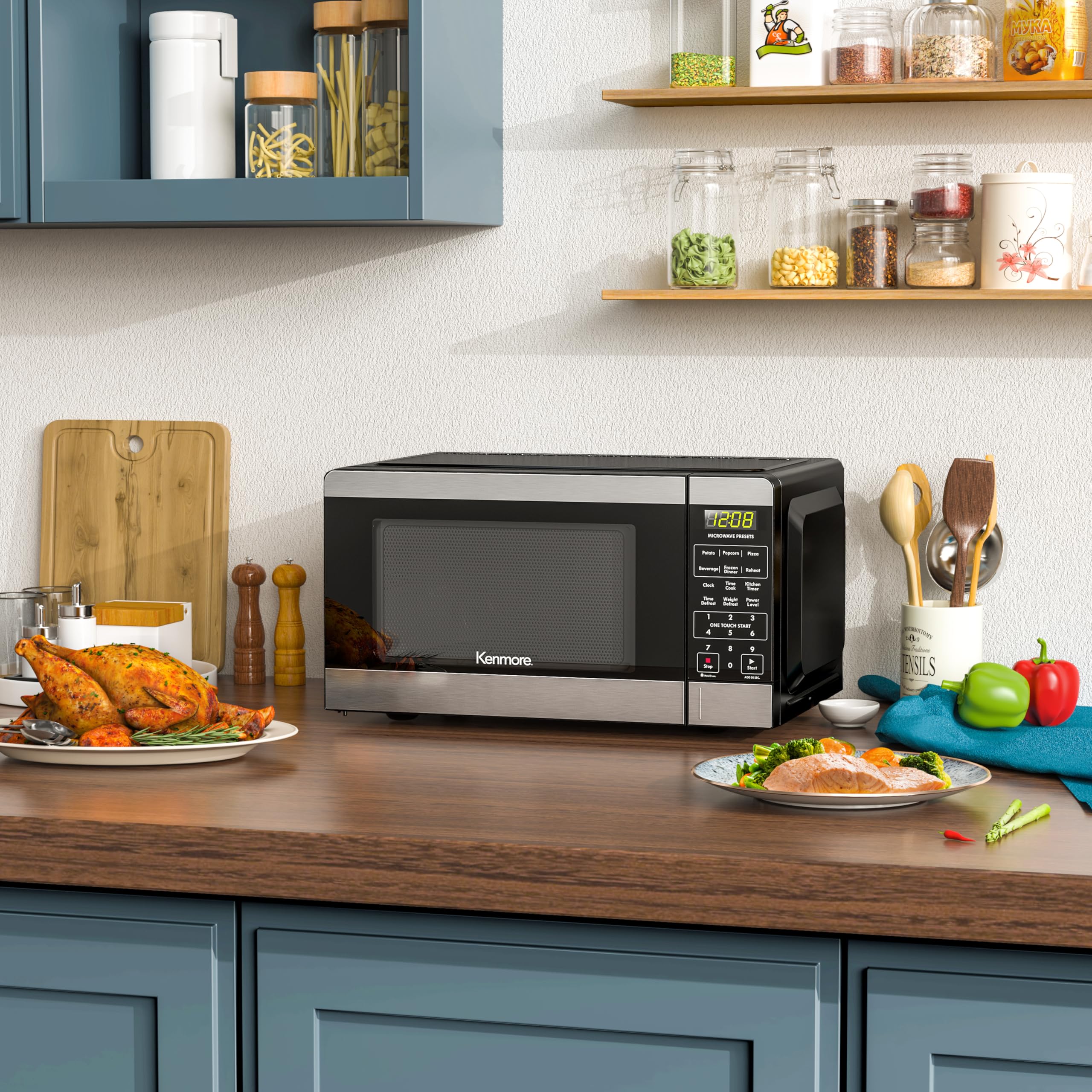 Kenmore KMCMWP09S2-09 0.9 Cu Ft Stainless Steel Countertop Microwave Oven - 900W with 6 Auto-Preset Menus, Child Lock, Defrost & Express Cooking - Perfect for Small Kitchens, Dorms & Office Break Rooms