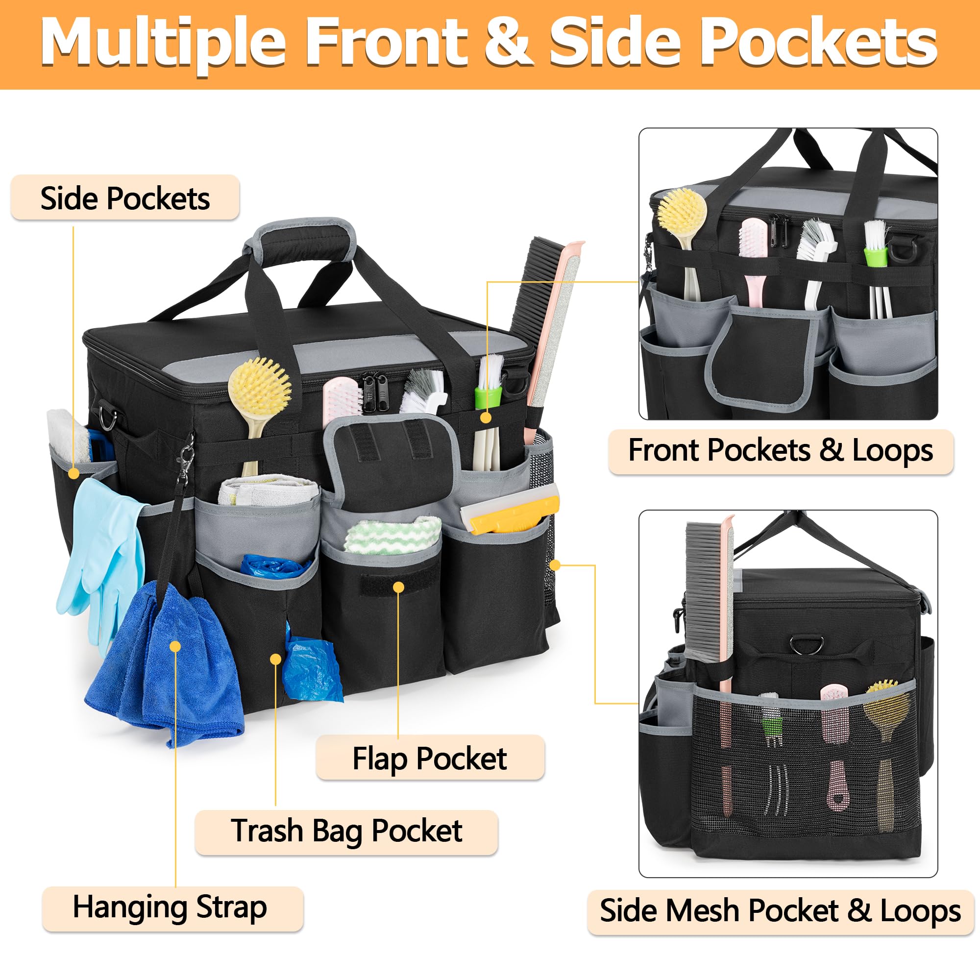Large Rolling Cleaning Caddy with Detachable Trolley & Lid - Mobile Cleaning Cart with Wheels, Shoulder Strap & Handles - Multi-Pocket Cleaning Supplies Organizer for Mops, Brooms & Tools - Perfect for Home, Office & Janitorial Use