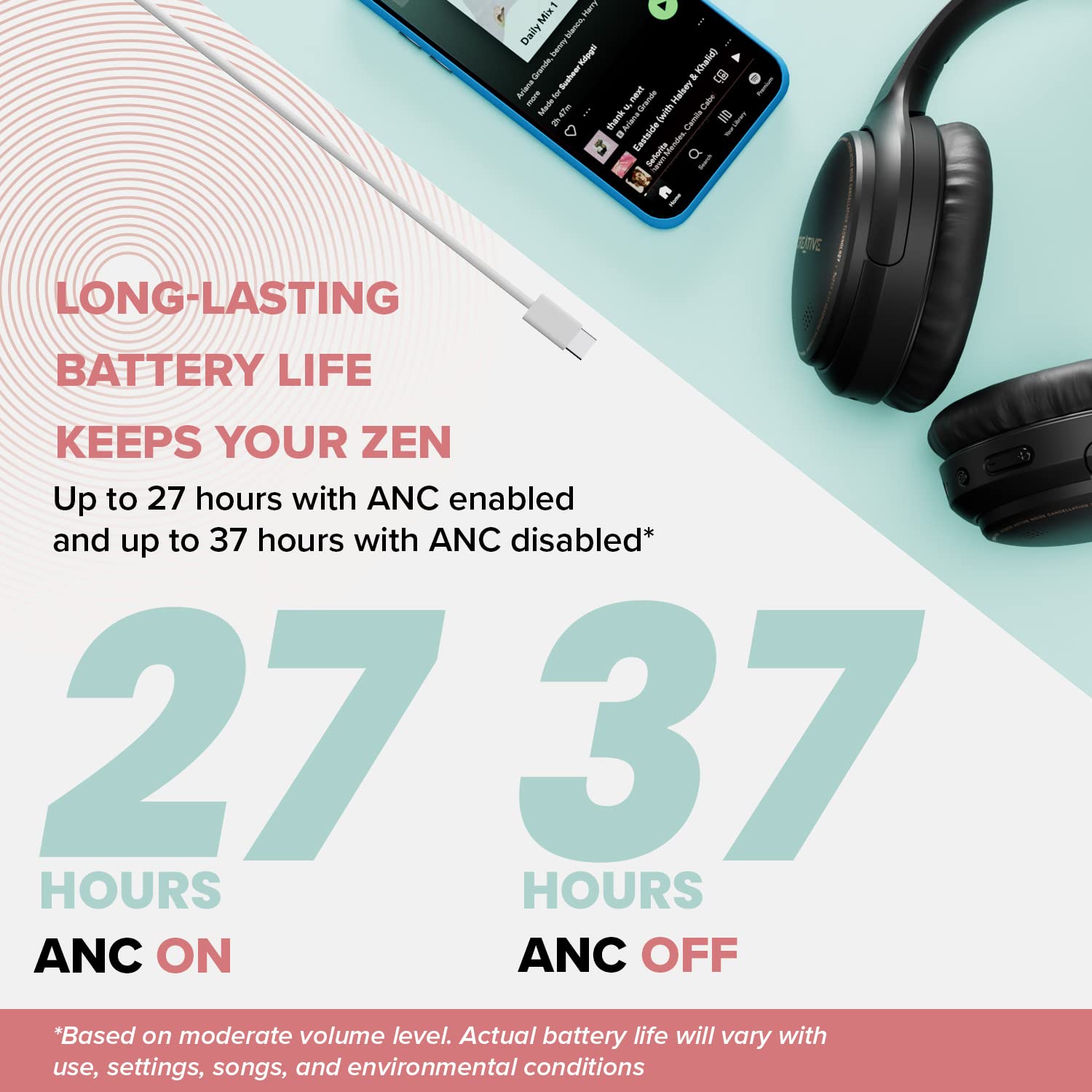 Creative Zen Hybrid Wireless Over-Ear Headphones with Hybrid Active Noise Cancellation & Ambient Mode - 27H Playtime (ANC On), Bluetooth 5.0, AAC, Built-in Mic - Perfect for Travel, Work & Music Lovers (Black)