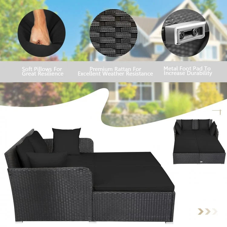 Premium Outdoor Rattan Daybed with Thick Upholstered Cushions & Weather-Resistant Pillows - Black Patio Furniture for Poolside Lounging & Garden Relaxation