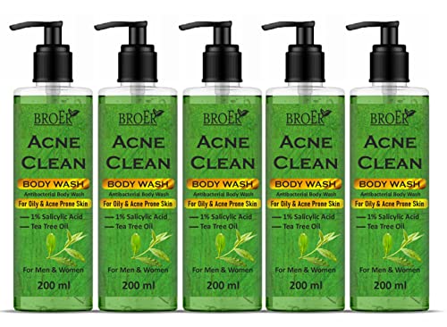 BROER Naturals Tea Tree Body Wash with 1% Salicylic Acid - Acne Control, Exfoliates Dead Skin Cells, Reduces Excess Oil & Unclogs Pores - 5 Pack (1000ml Each) - Perfect for Shower & Daily Skincare Routine
