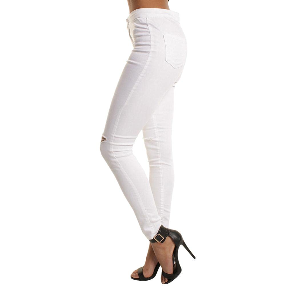 Women's High Waist Stretch Jeans Leggings - Skinny Fit Elastic Denim Pants with Zipper Details & Distressed Holes - Casual Slim Solid White Trousers for Daily Wear | Perfect for Work, Date Night & Weekend Outfits