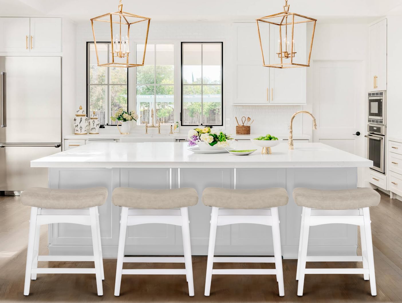 MAISON ARTS 24in Beige Counter Height Bar Stools Set of 4 - Solid Wood Legs & Faux Leather Saddle Seat - Farmhouse Kitchen Island Stools for 34