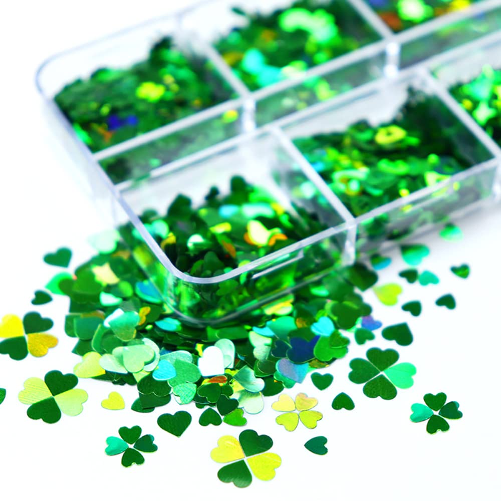 St. Patrick's Day Nail Art Glitters - Green Clover Nail Decals, 3D Holographic Shamrock & Heart Leaf Designs for Acrylic Nails, Manicure Tips & Nail Art Supplies | Perfect for St. Patrick's Day Parties, Nail Salons & DIY Nail Decorations