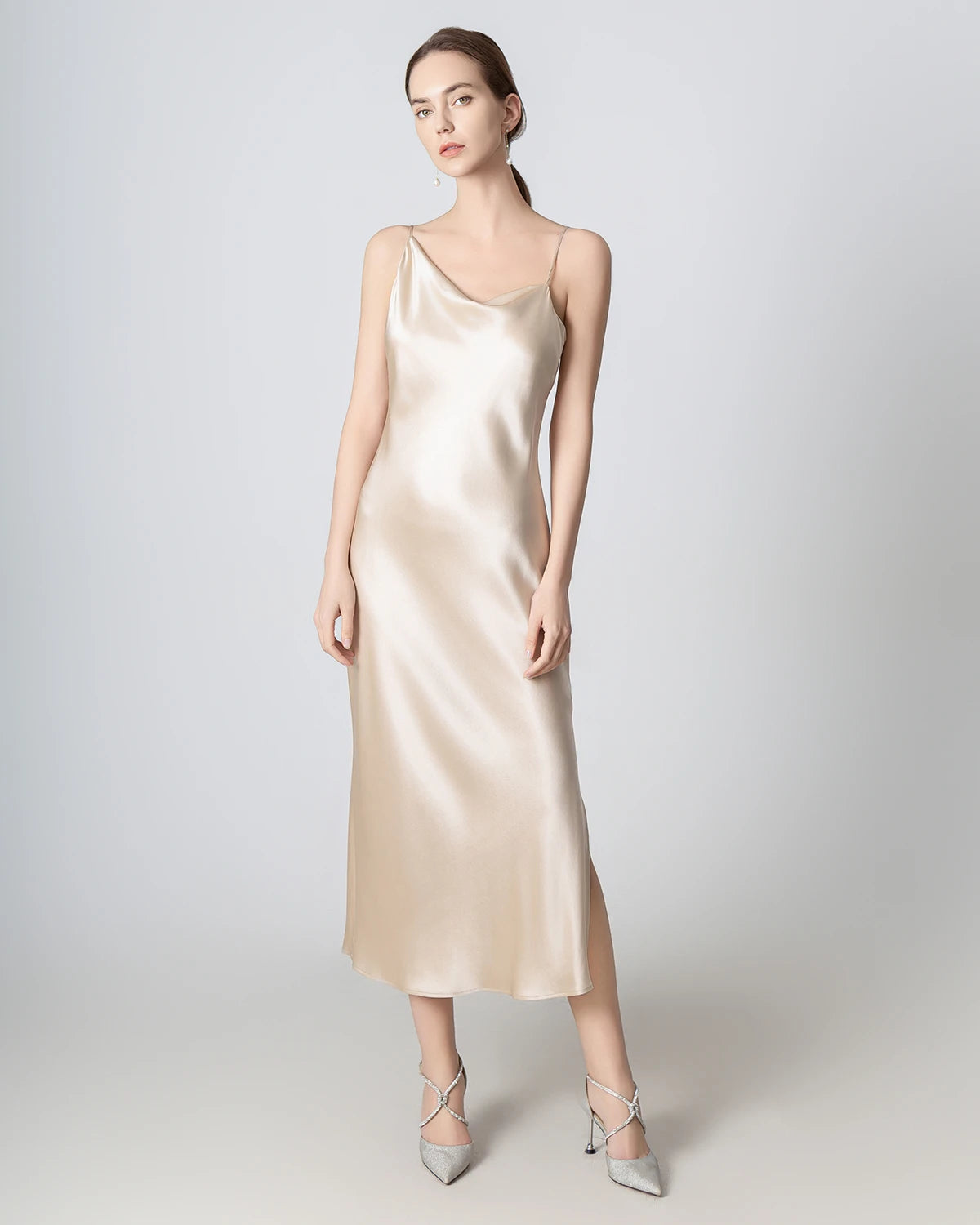Elegant Slit Cowl Neck Midi Silk Dress for Women | Luxury Satin Evening Gown | Perfect for Cocktail Parties, Date Nights & Formal Events