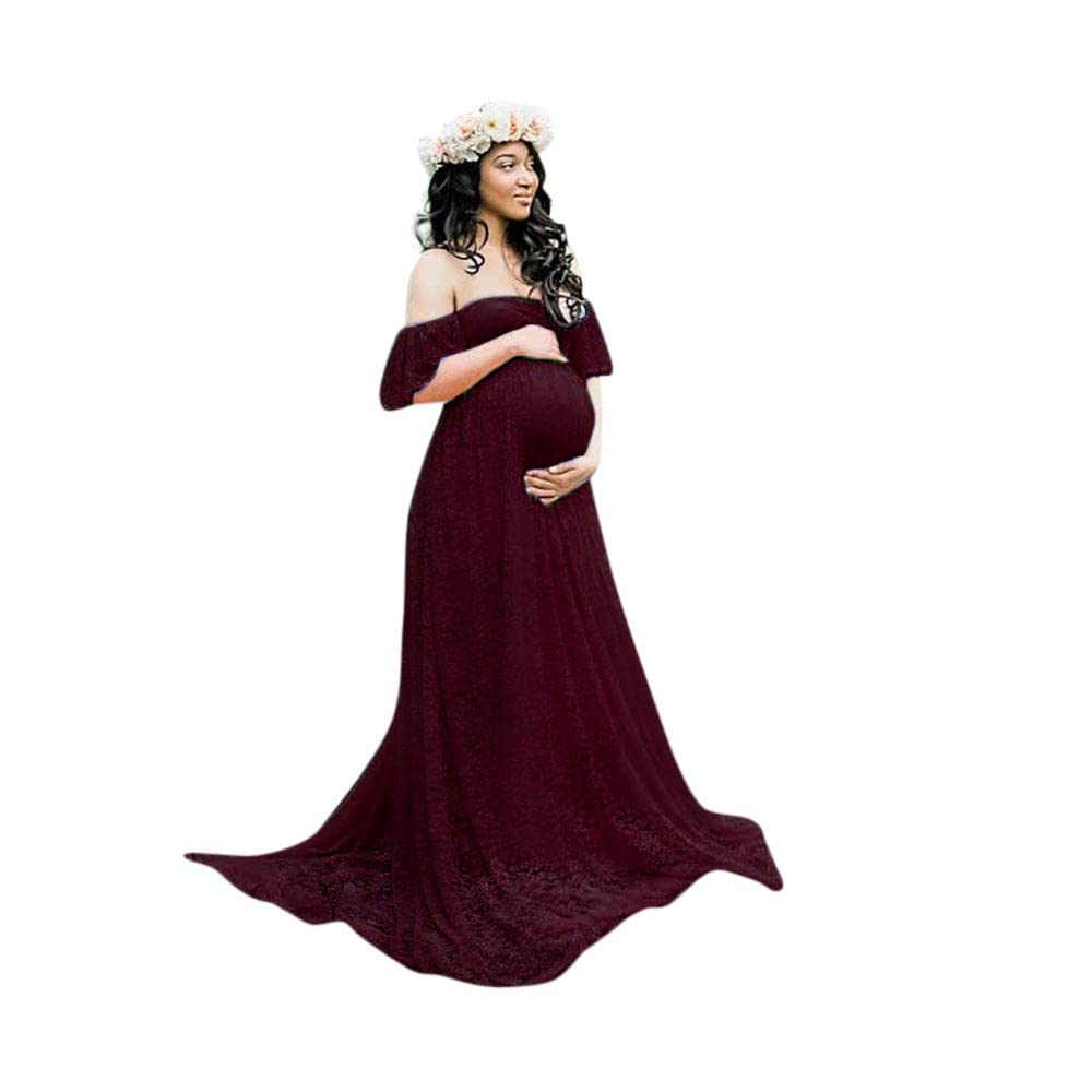 Elegant Floral Lace Maternity Maxi Dress for Baby Shower & Pregnancy Photoshoot - Off Shoulder Fancy Gown for Special Occasions & Newborn Photography