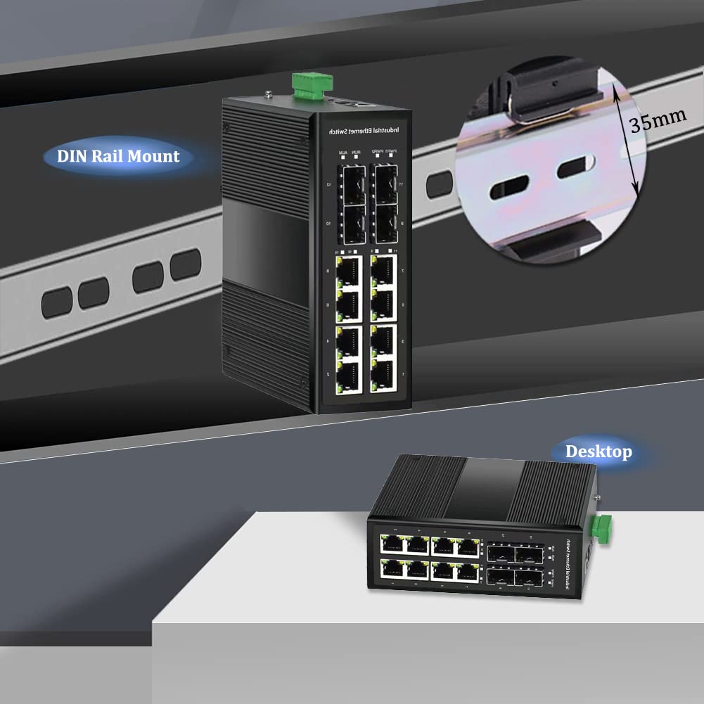 8-Port Industrial Gigabit Managed PoE Switch with 4 SFP Slots | 10/100/1000Mbps Web Management DIN Rail Network Switch | Supports Ring Network, VLAN, STP, LACP, QoS | Ideal for Factory Automation, Security Systems & Outdoor Networking