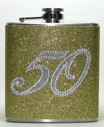 50th Birthday Gift - Gold Rhinestone Glitter Sparkly 6 oz Stainless Steel Hip Flask for Men & Women | Perfect for Parties, Celebrations & Special Occasions